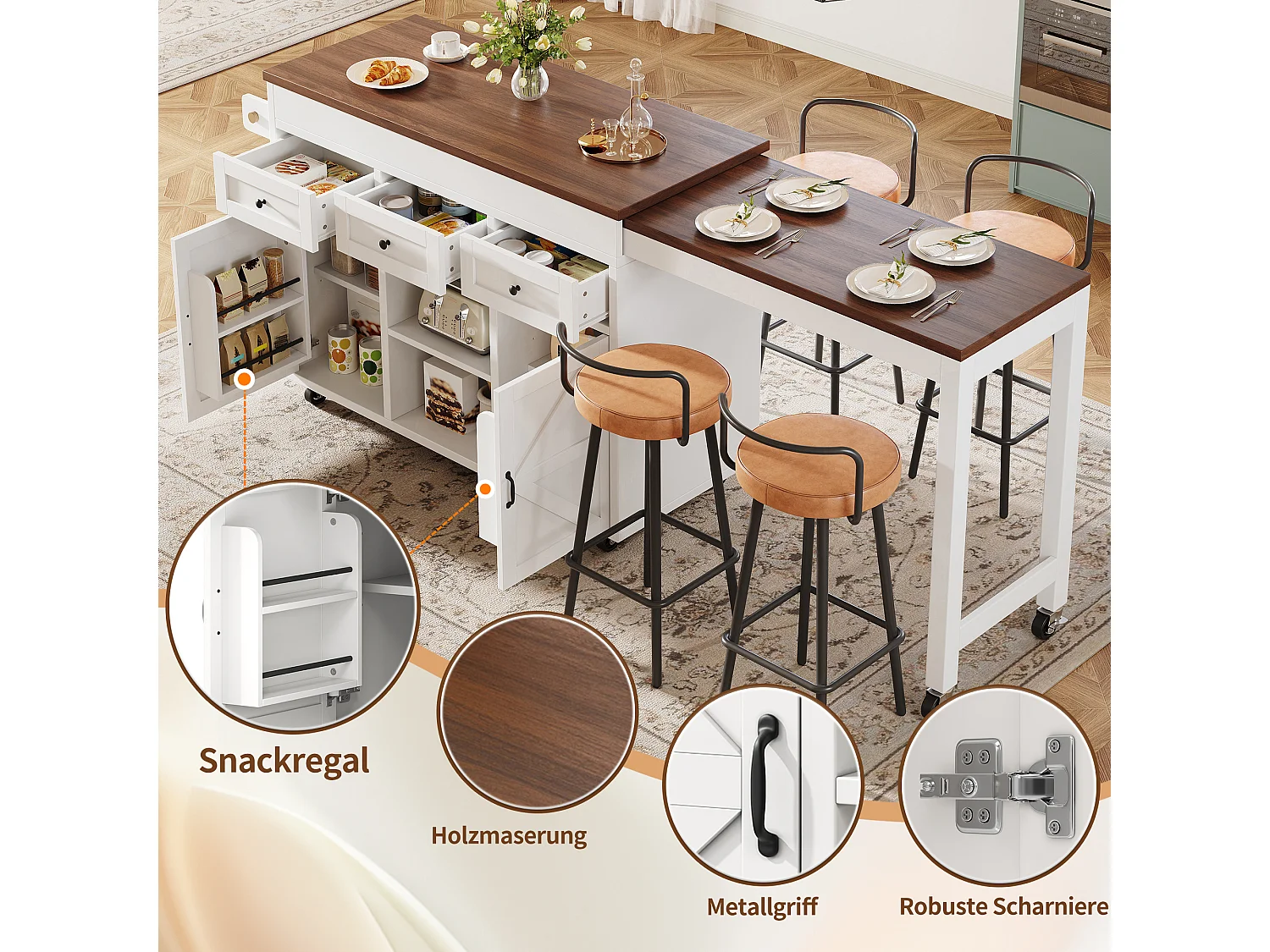 Îlot de cuisine extensible 131,5-210 cm avec table haute rangement 3 tiroirs 2 placards blanc bois
