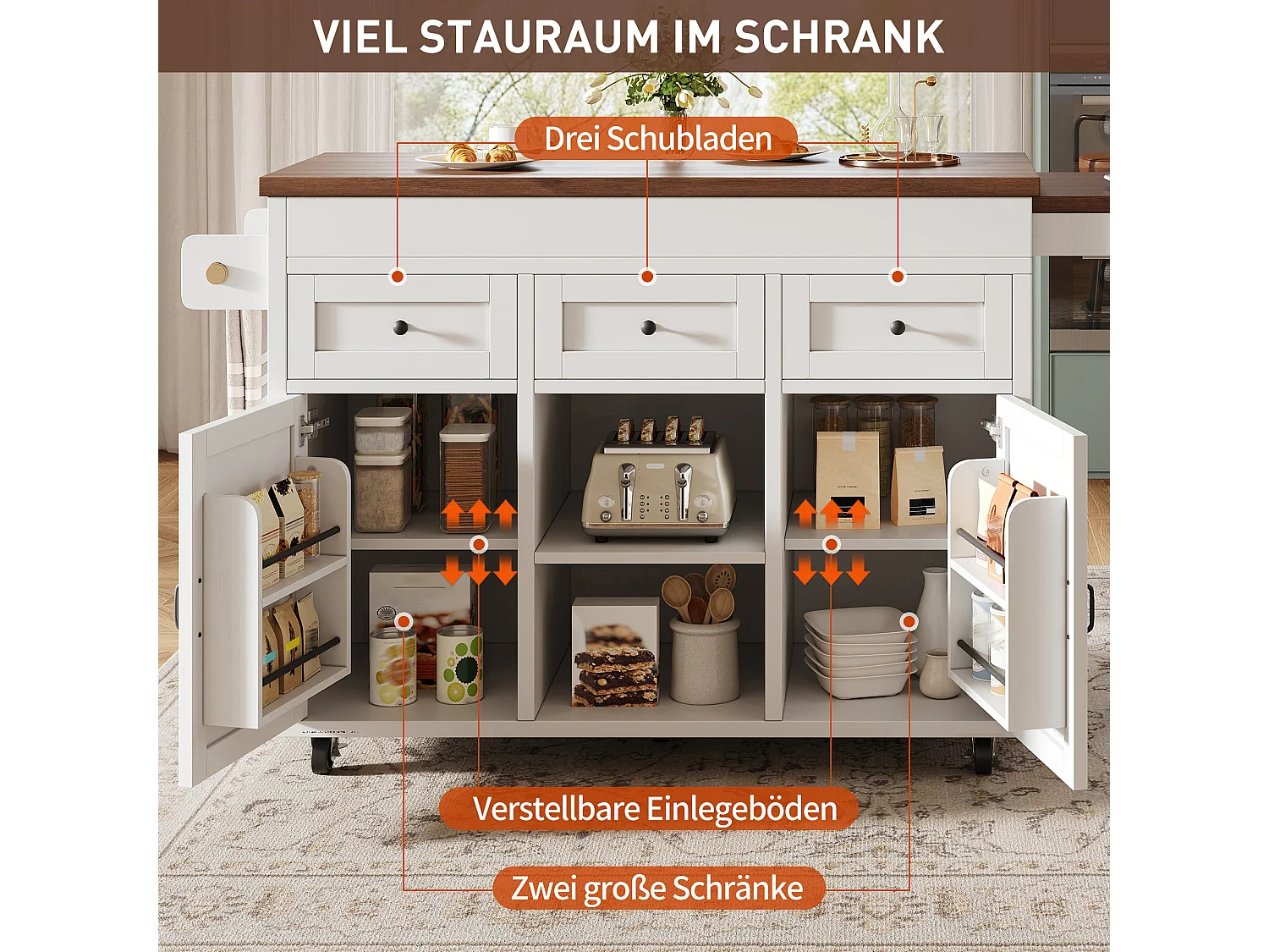 Îlot de cuisine extensible 131,5-210 cm avec table haute rangement 3 tiroirs 2 placards blanc bois