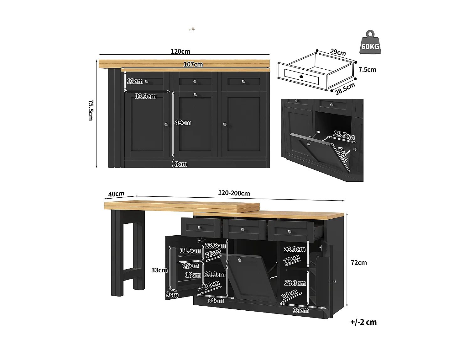 Table de cuisine avec plateau pivotant 120-200 cm rangement tiroirs placards support poubelle MDF noir bois