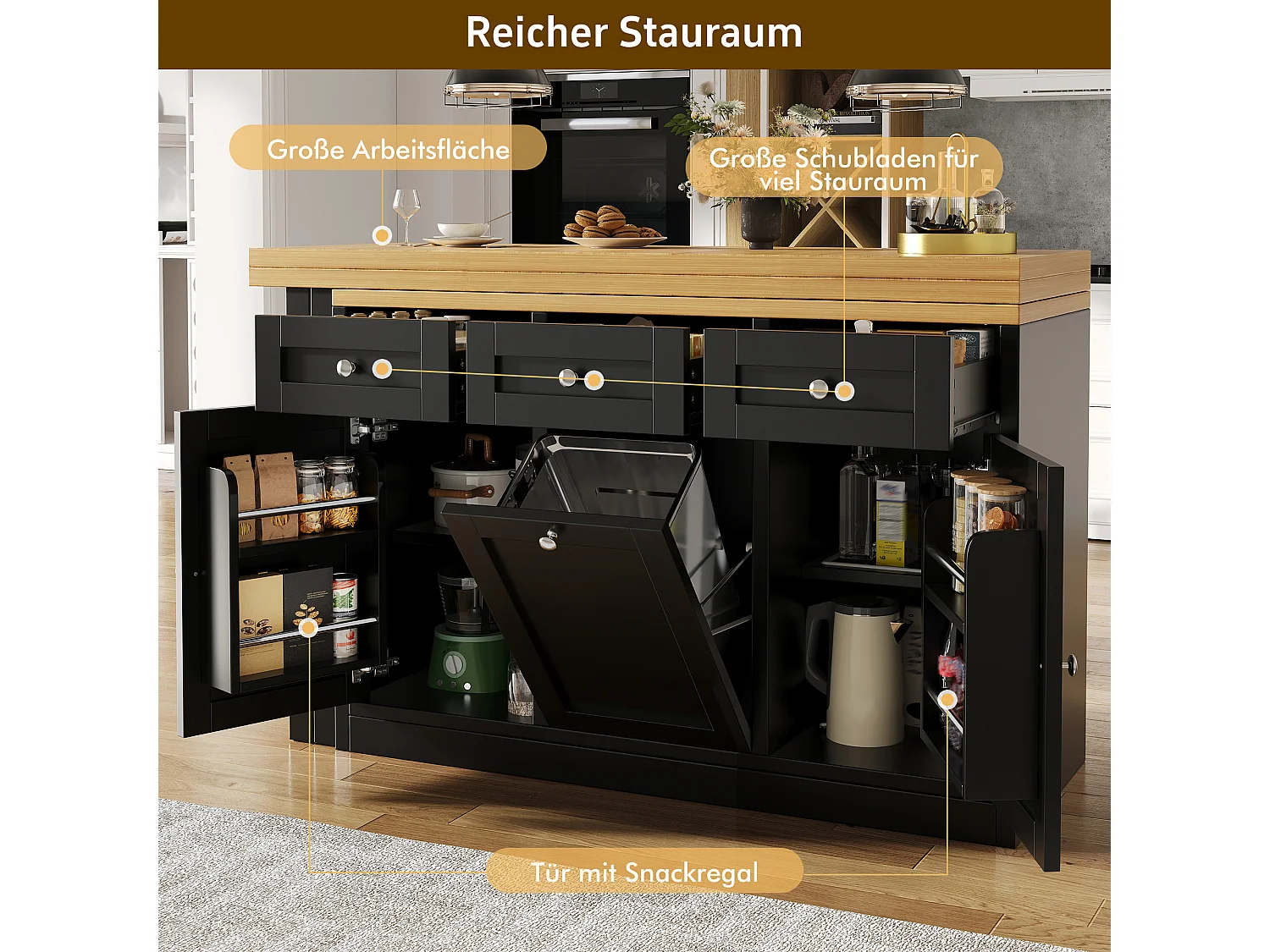 Table de cuisine avec plateau pivotant 120-200 cm rangement tiroirs placards support poubelle MDF noir bois