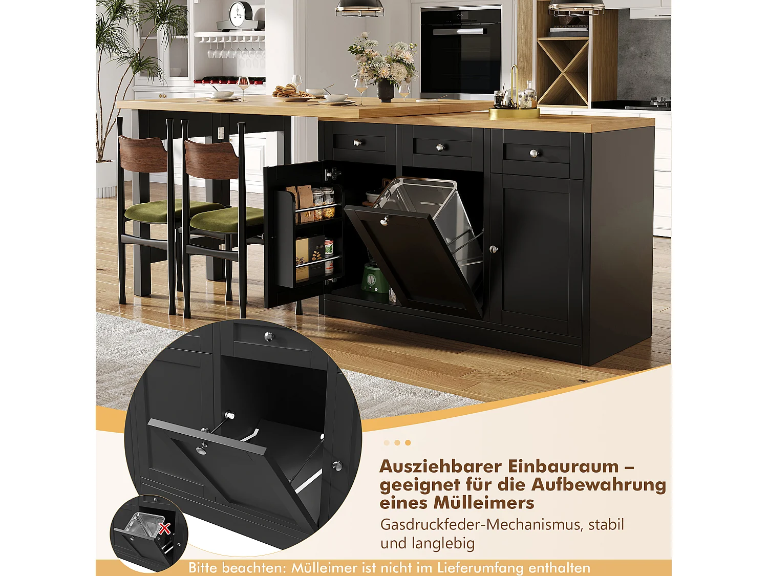 Table de cuisine avec plateau pivotant 120-200 cm rangement tiroirs placards support poubelle MDF noir bois