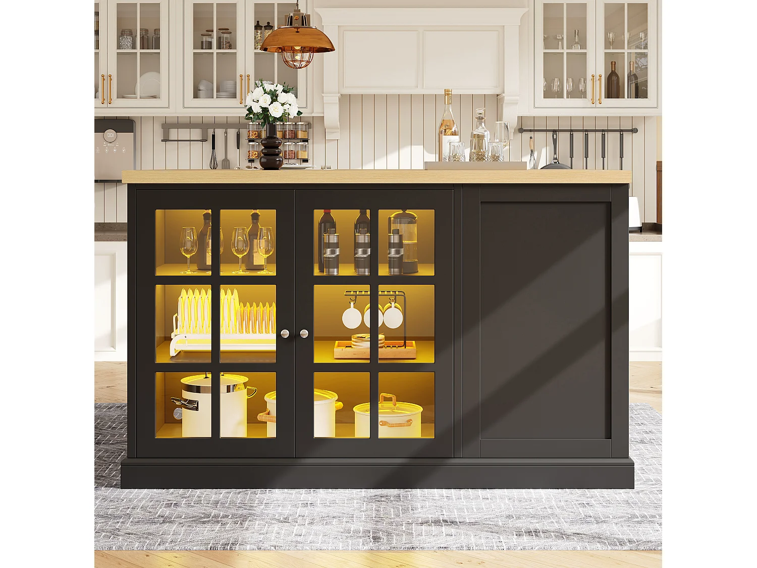 Table de bar pliante 120x40-70x90 cm LED USB range-bouteilles tiroir îlot cuisine MDF nior bois