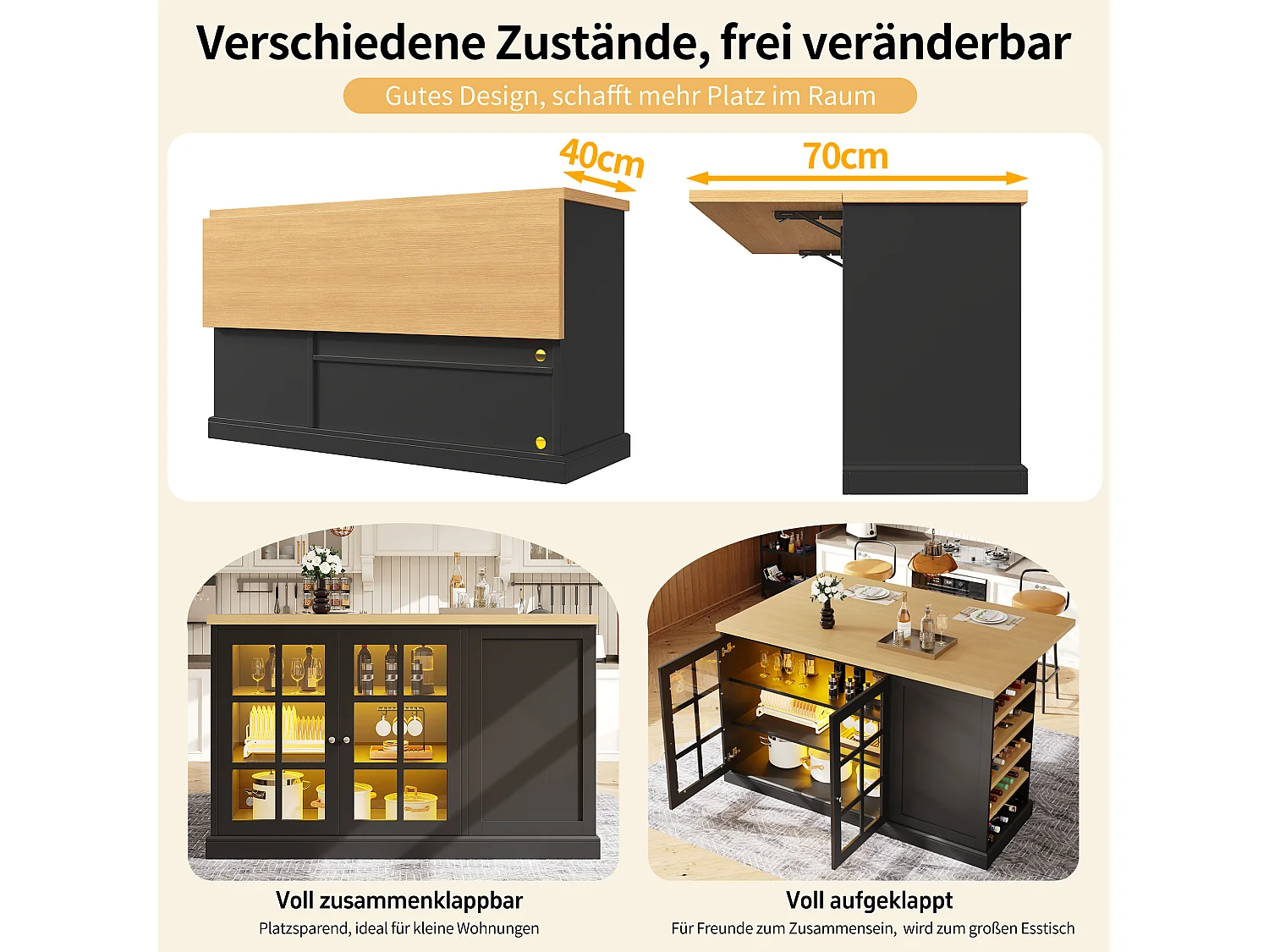 Table de bar pliante 120x40-70x90 cm LED USB range-bouteilles tiroir îlot cuisine MDF nior bois