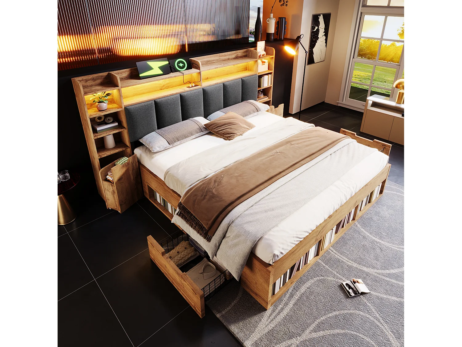 Lit coffre bois 180x200 cm, lit adulte double avec avec éclairage LED, tables de chevet avec ports USB et Type-C, tiroirs à roulettes, chêne