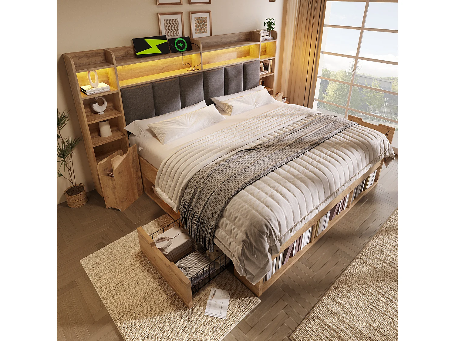 Lit coffre bois 180x200 cm, lit adulte double avec avec éclairage LED, tables de chevet avec ports USB et Type-C, tiroirs à roulettes, chêne