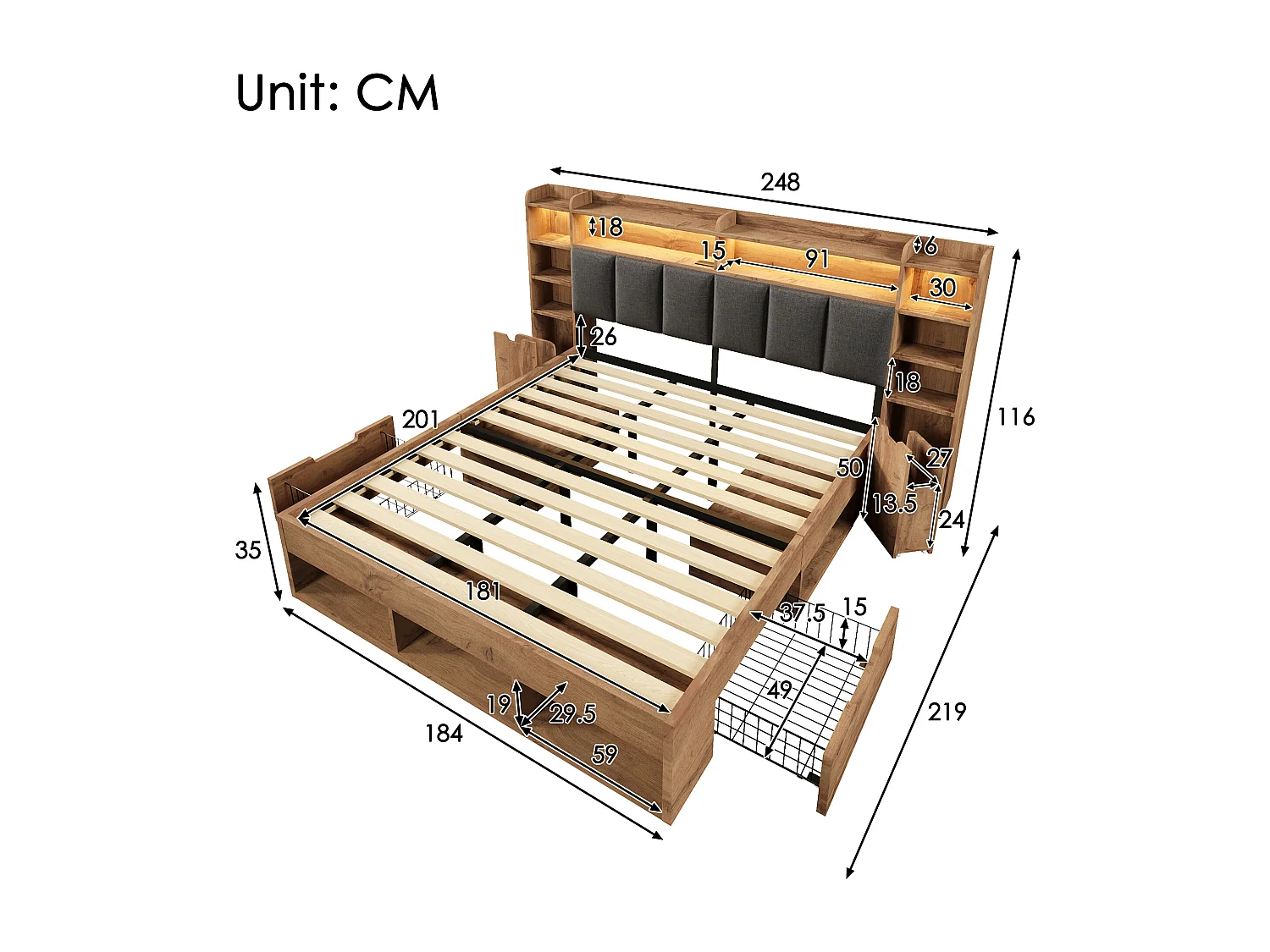 Lit coffre bois 180x200 cm, lit adulte double avec avec éclairage LED, tables de chevet avec ports USB et Type-C, tiroirs à roulettes, chêne