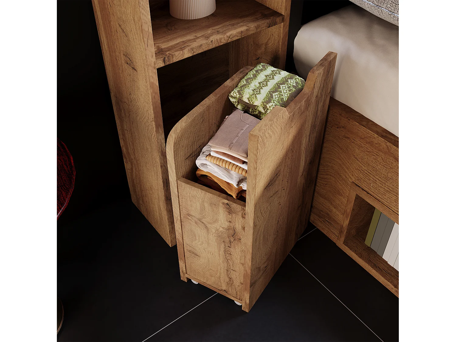Lit coffre bois 180x200 cm, lit adulte double avec avec éclairage LED, tables de chevet avec ports USB et Type-C, tiroirs à roulettes, chêne