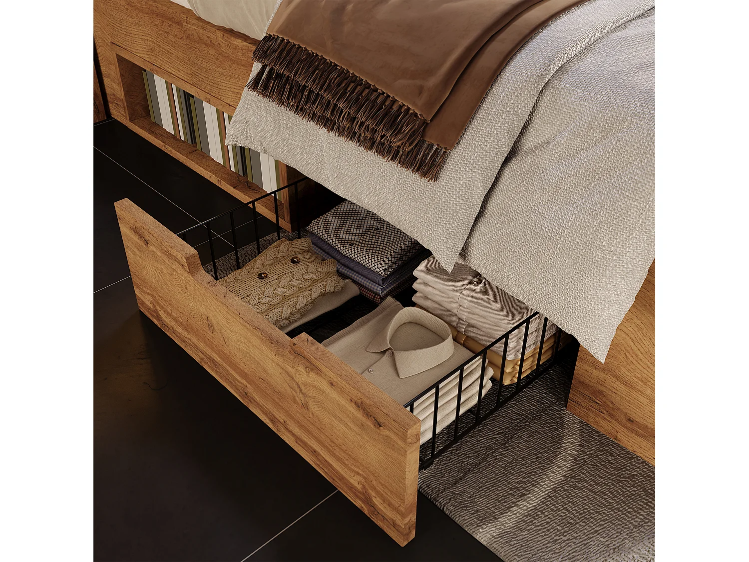 Lit coffre bois 180x200 cm, lit adulte double avec avec éclairage LED, tables de chevet avec ports USB et Type-C, tiroirs à roulettes, chêne