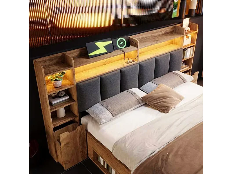 Lit coffre bois 180x200 cm, lit adulte double avec avec éclairage LED, tables de chevet avec ports USB et Type-C, tiroirs à roulettes, chêne