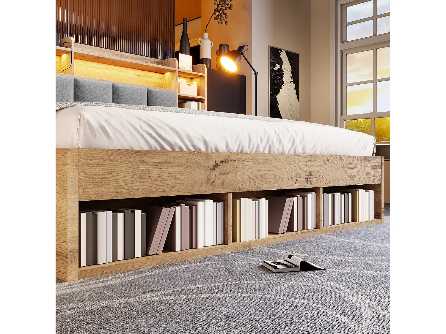 Lit coffre bois 180x200 cm, lit adulte double avec avec éclairage LED, tables de chevet avec ports USB et Type-C, tiroirs à roulettes, chêne