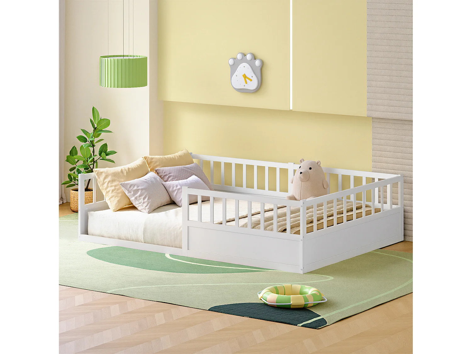 Lit enfant Montessori 140x200 cm en pin massif naturel avec barrière anti-chute, sommier à lattes et côté ouvert - Blanc