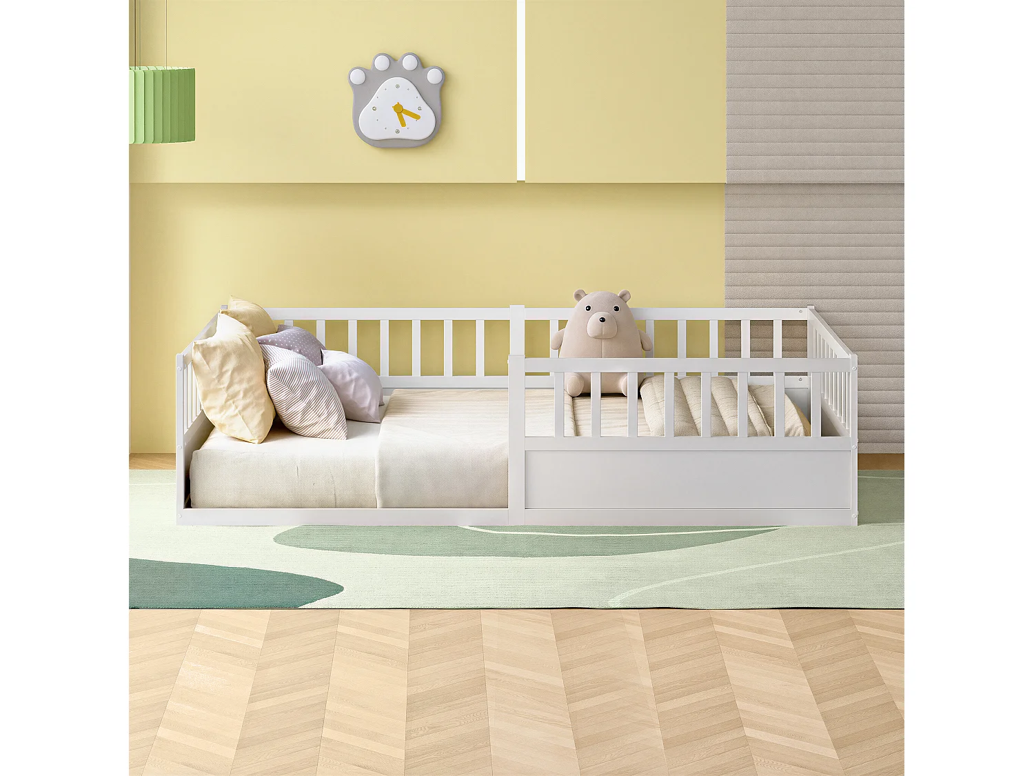 Lit enfant Montessori 140x200 cm en pin massif naturel avec barrière anti-chute, sommier à lattes et côté ouvert - Blanc