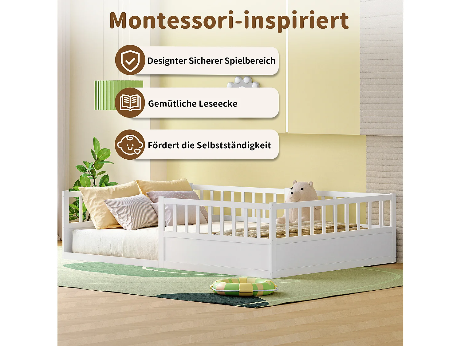 Lit enfant Montessori 140x200 cm en pin massif naturel avec barrière anti-chute, sommier à lattes et côté ouvert - Blanc