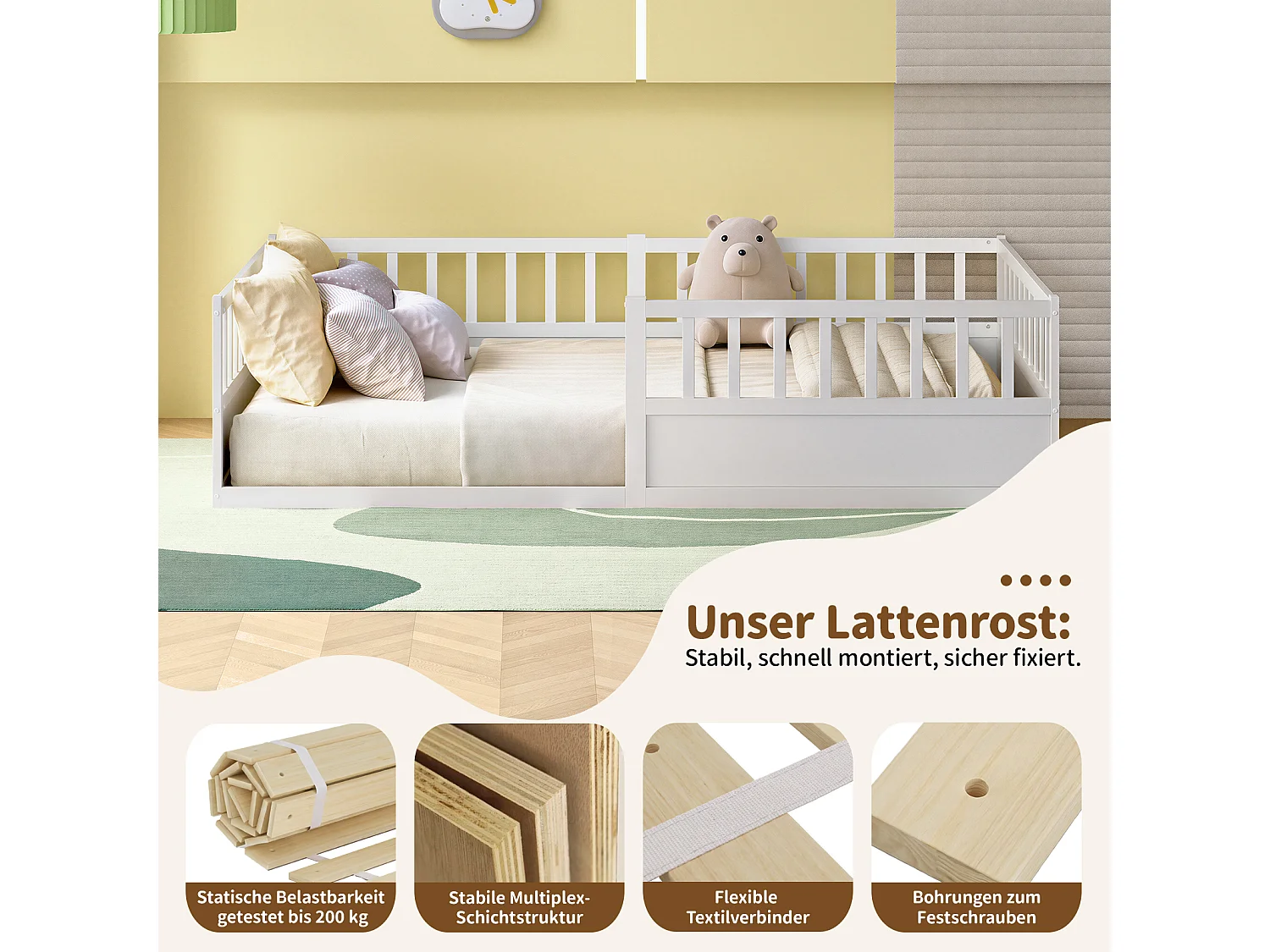Lit enfant Montessori 140x200 cm en pin massif naturel avec barrière anti-chute, sommier à lattes et côté ouvert - Blanc