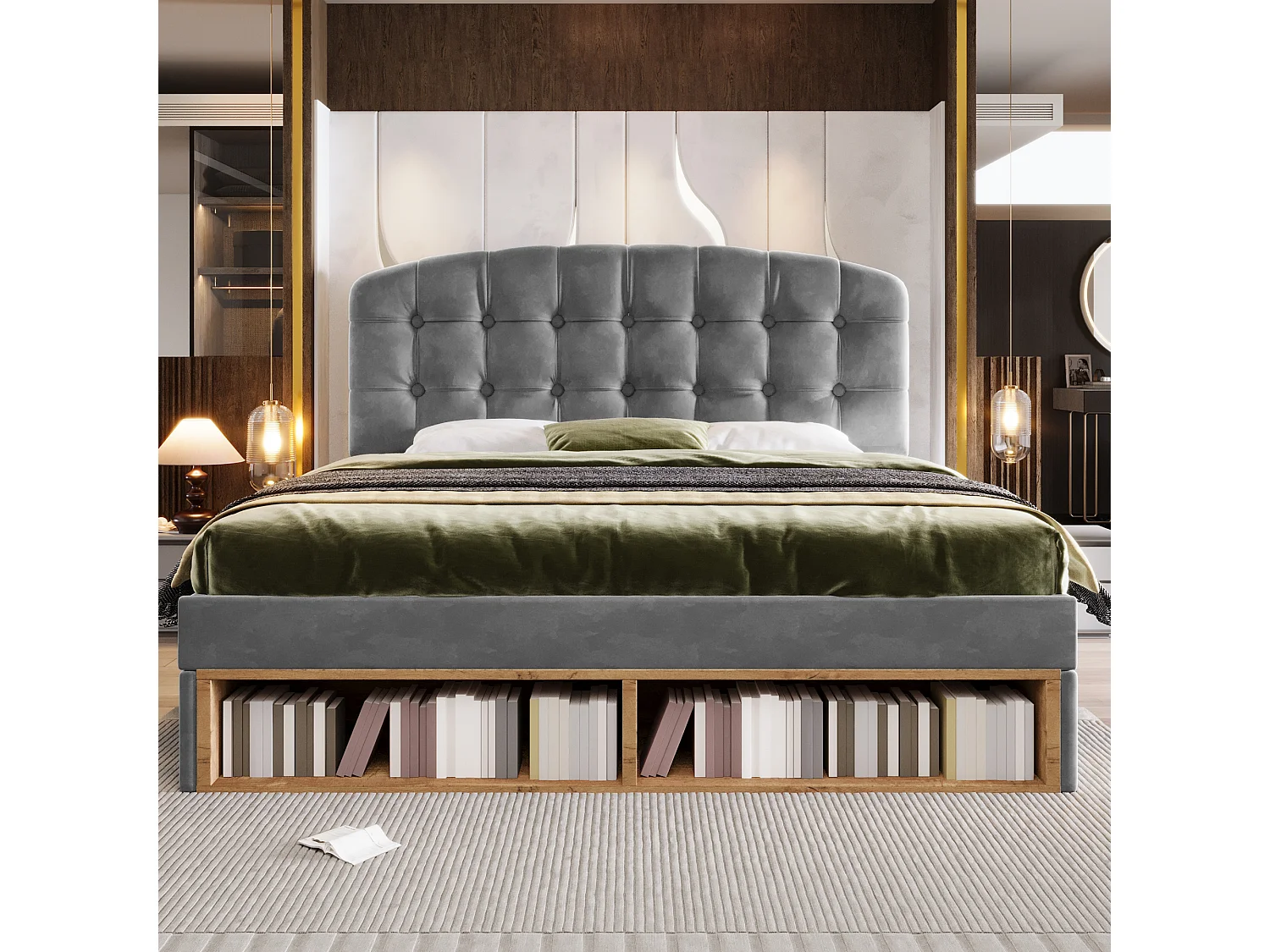 Lit coffre rembourré 140x190 cm avec tiroirs et rangement, tête de lit incurvée et réglable, pour chambre d’enfant, velours, gris