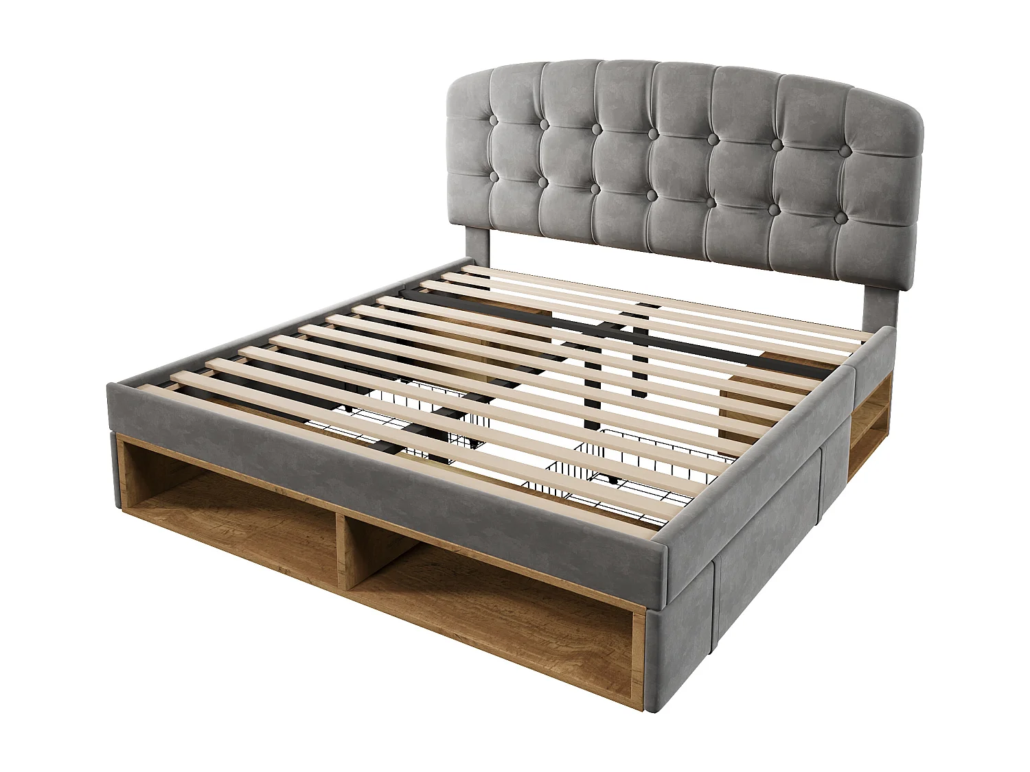 Lit coffre rembourré 140x190 cm avec tiroirs et rangement, tête de lit incurvée et réglable, pour chambre d’enfant, velours, gris