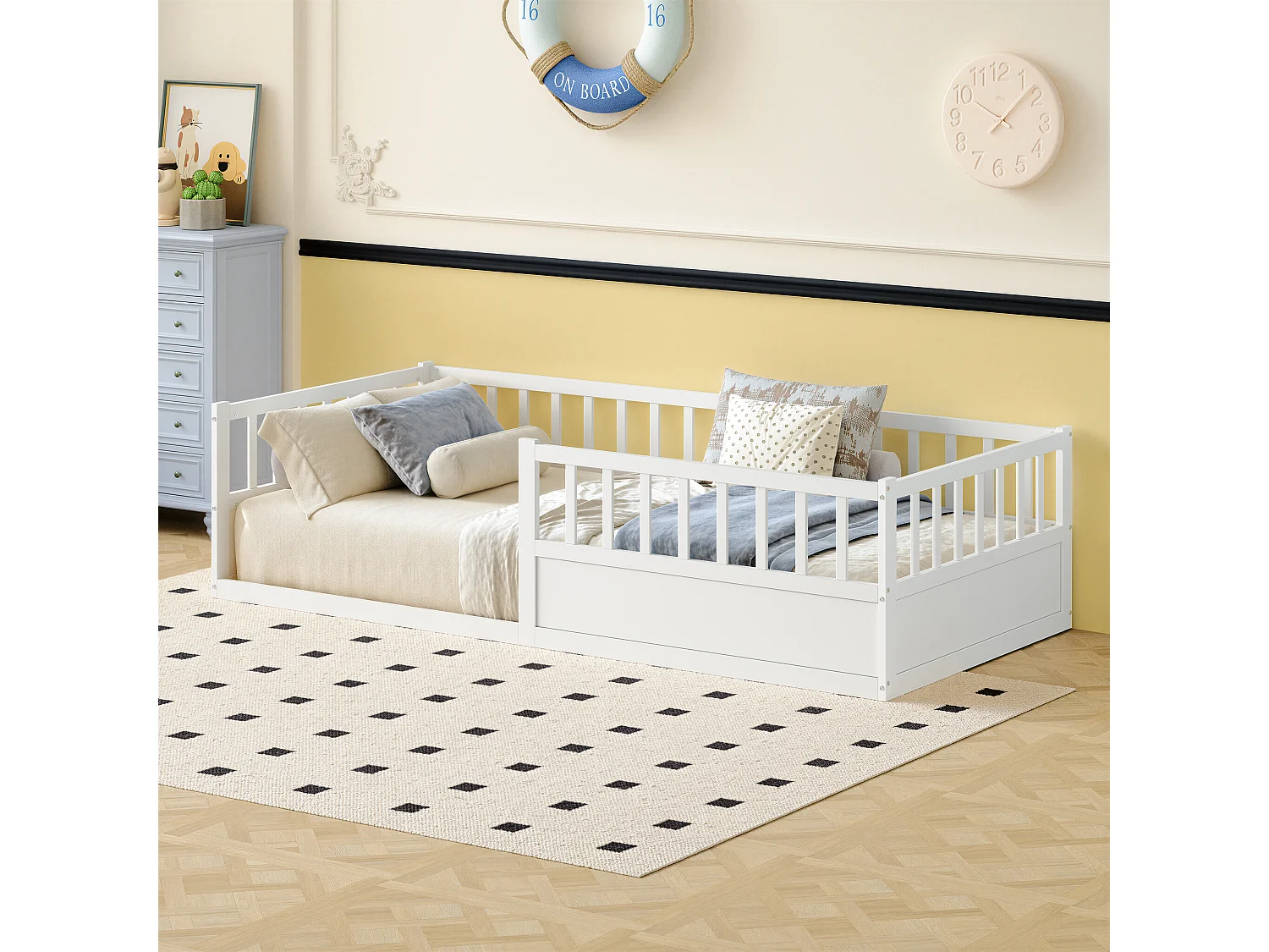 Lit enfant Montessori 90x200 cm en pin massif avec barrière anti-chute, sommier à lattes et côté ouvert - Blanc
