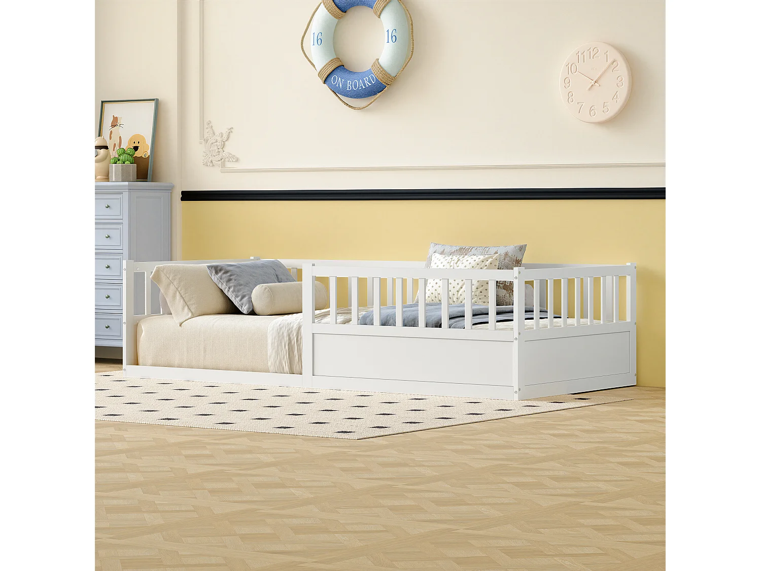 Lit enfant Montessori 90x200 cm en pin massif avec barrière anti-chute, sommier à lattes et côté ouvert - Blanc