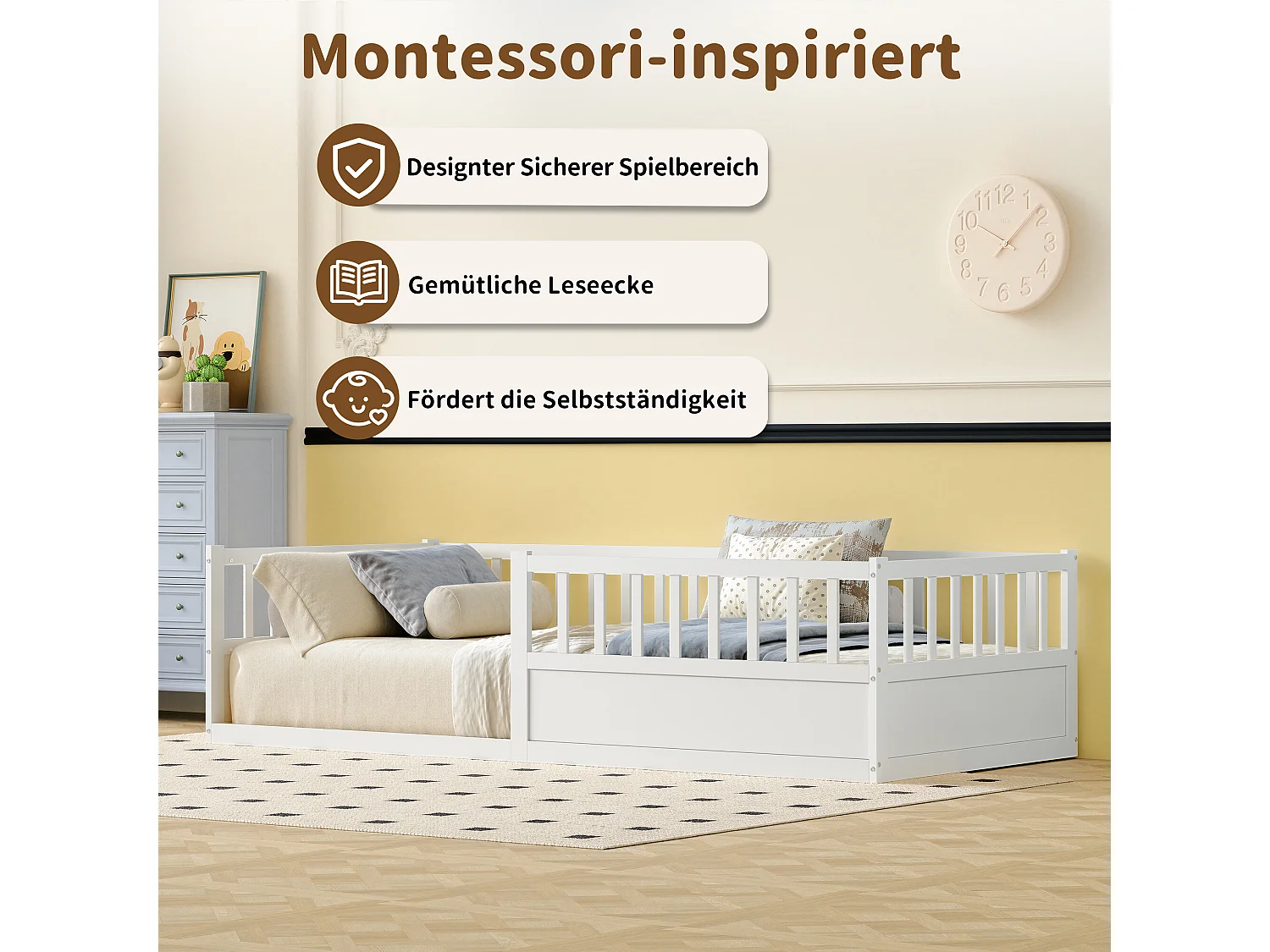 Lit enfant Montessori 90x200 cm en pin massif avec barrière anti-chute, sommier à lattes et côté ouvert - Blanc