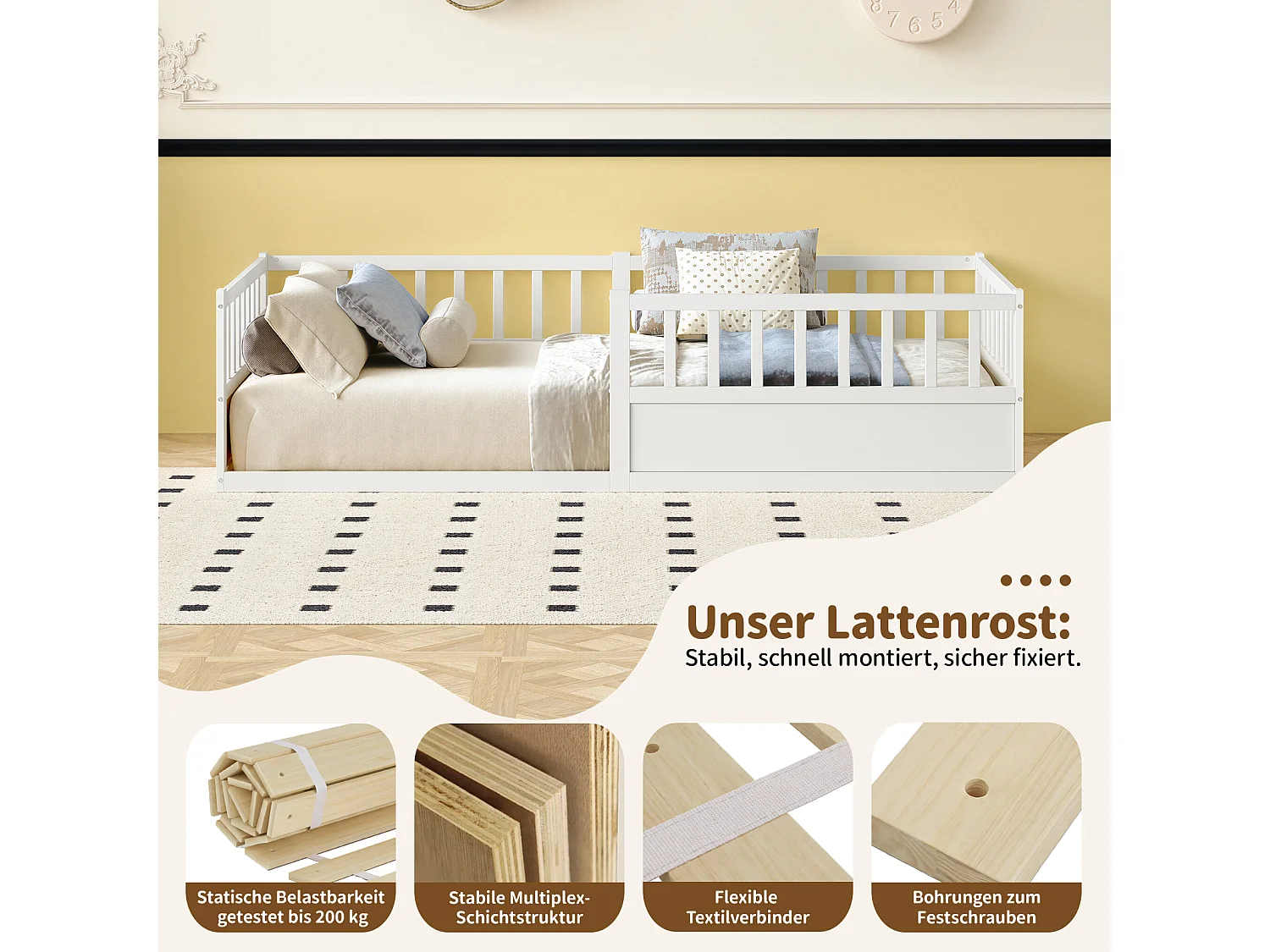Lit enfant Montessori 90x200 cm en pin massif avec barrière anti-chute, sommier à lattes et côté ouvert - Blanc