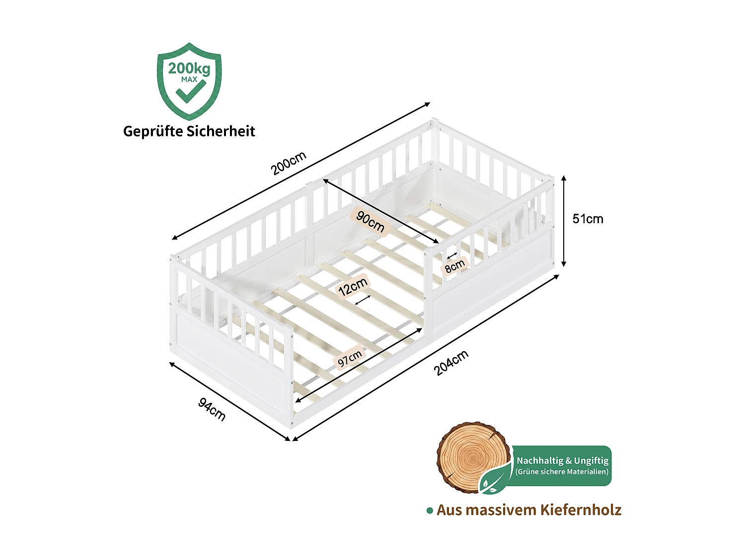 Lit enfant Montessori 90x200 cm en pin massif avec barrière anti-chute, sommier à lattes et côté ouvert - Blanc