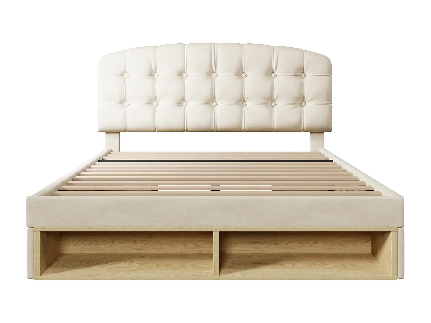 Lit coffre rembourré 140x190 cm avec tiroirs et rangement, tête de lit incurvée et réglable, pour chambre d’enfant, velours, beige