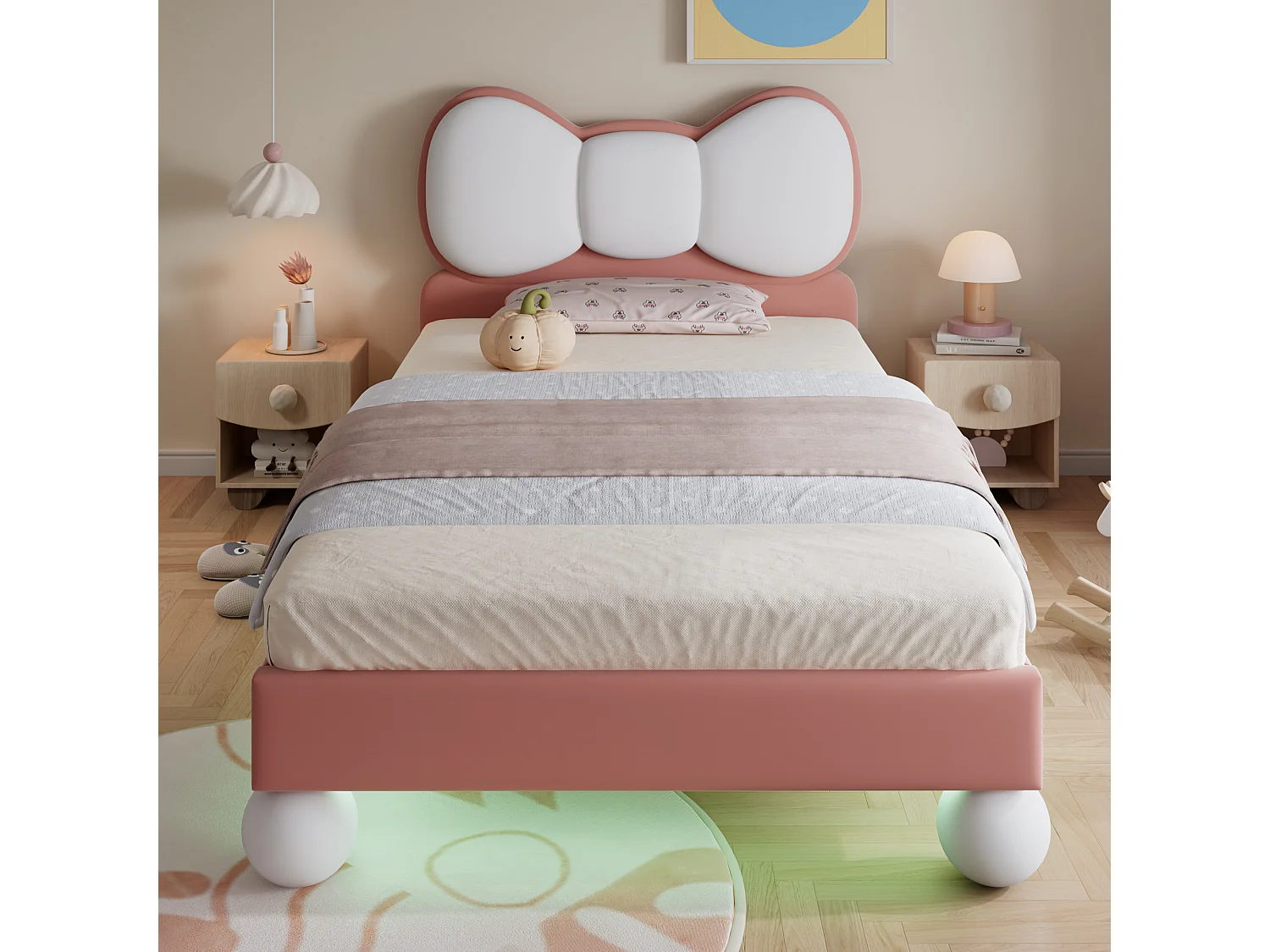 Lit Enfant 90x200 cm avec Tête de Lit Nœud Papillon - Bande LED Réglable, Sommier à Lattes et Rembourrage Velours - Pour Chambre Fille - Beige et Rose