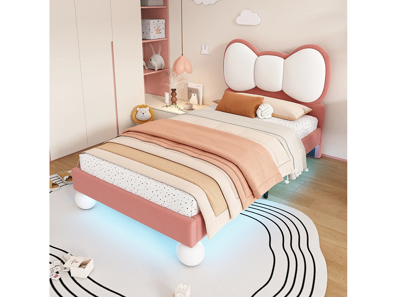 Lit Enfant 90x200 cm avec Tête de Lit Nœud Papillon - Bande LED Réglable, Sommier à Lattes et Rembourrage Velours - Pour Chambre Fille - Beige et Rose