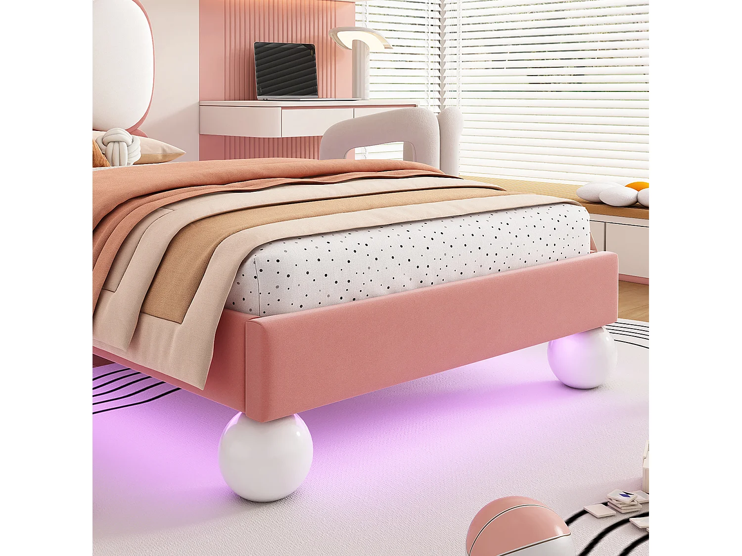 Lit Enfant 90x200 cm avec Tête de Lit Nœud Papillon - Bande LED Réglable, Sommier à Lattes et Rembourrage Velours - Pour Chambre Fille - Beige et Rose