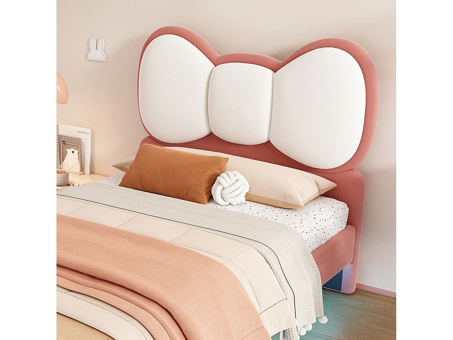 Lit Enfant 90x200 cm avec Tête de Lit Nœud Papillon - Bande LED Réglable, Sommier à Lattes et Rembourrage Velours - Pour Chambre Fille - Beige et Rose