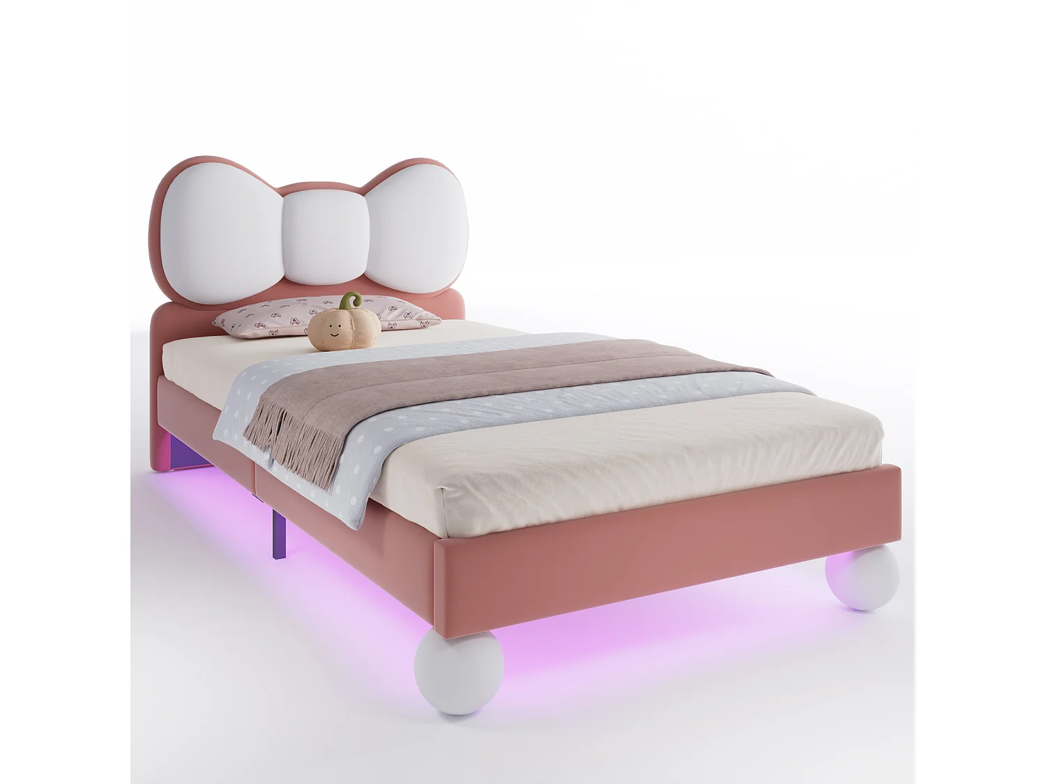 Lit Enfant 90x200 cm avec Tête de Lit Nœud Papillon - Bande LED Réglable, Sommier à Lattes et Rembourrage Velours - Pour Chambre Fille - Beige et Rose