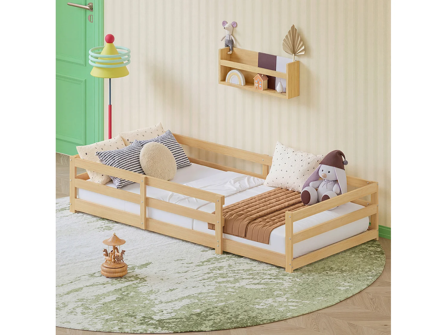 Lit enfant Montessori 90x200 cm en bois de pin avec contour de sécurité, sans sommier à lattes - Bois Naturel