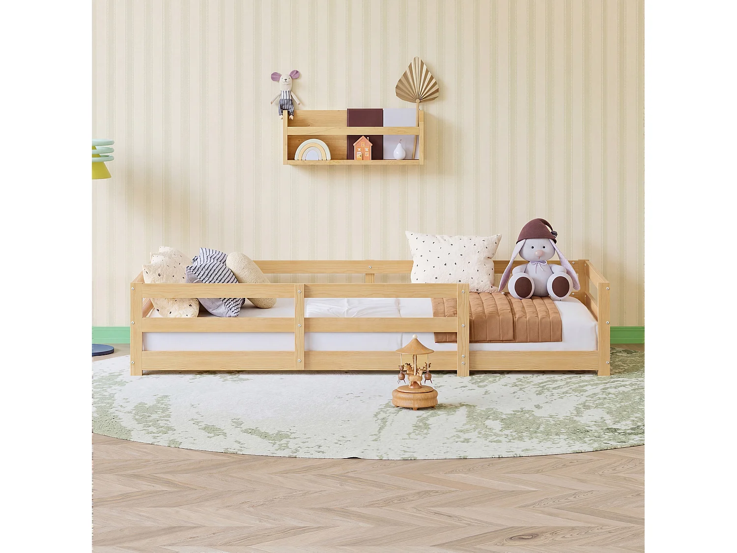 Lit enfant Montessori 90x200 cm en bois de pin avec contour de sécurité, sans sommier à lattes - Bois Naturel