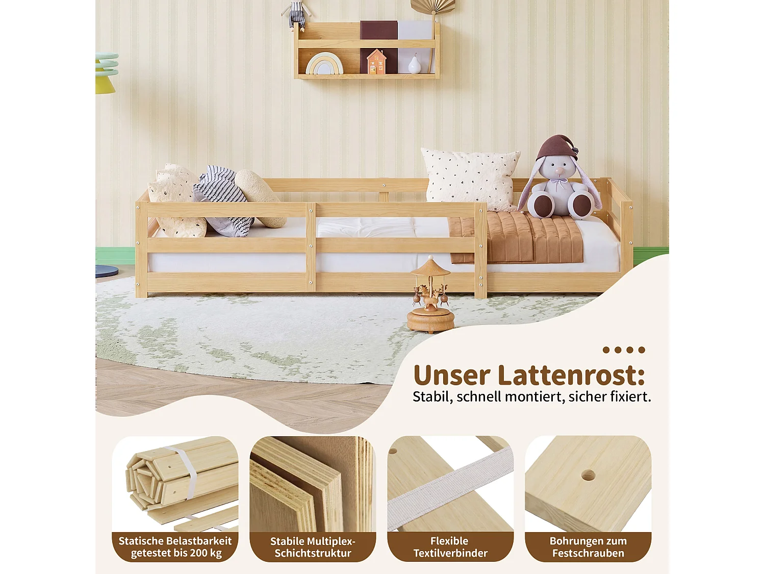 Lit enfant Montessori 90x200 cm en bois de pin avec contour de sécurité, sans sommier à lattes - Bois Naturel