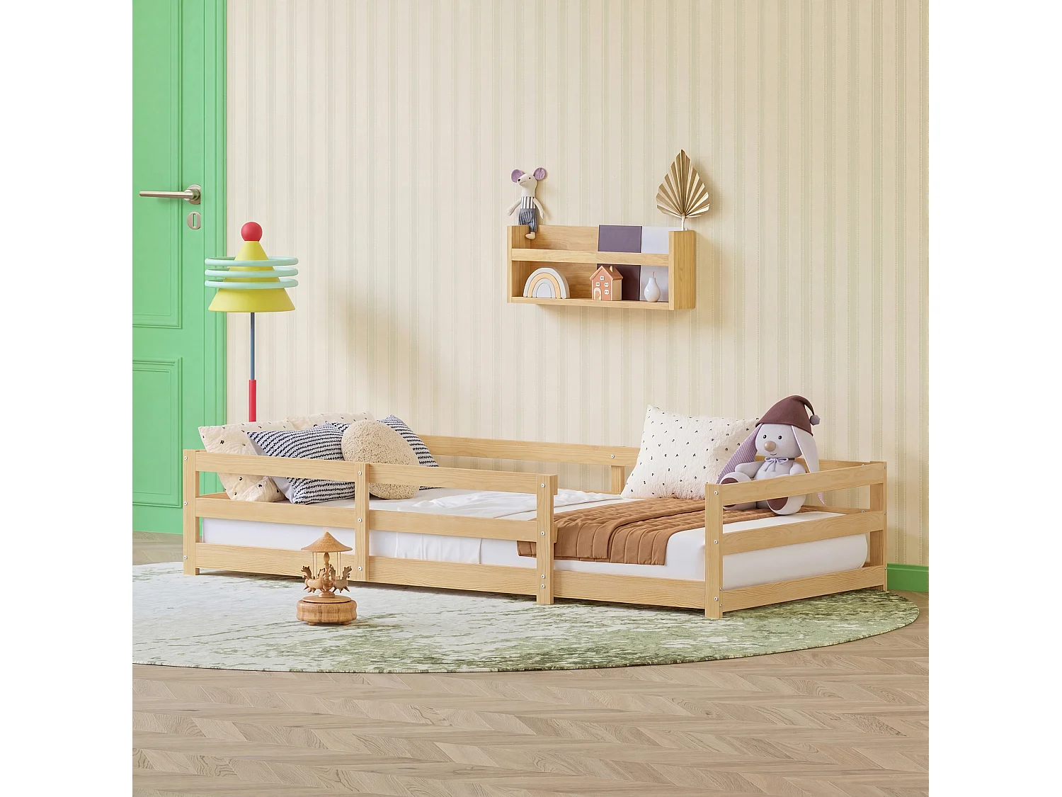 Lit enfant Montessori 90x200 cm en bois de pin avec contour de sécurité, sans sommier à lattes - Bois Naturel