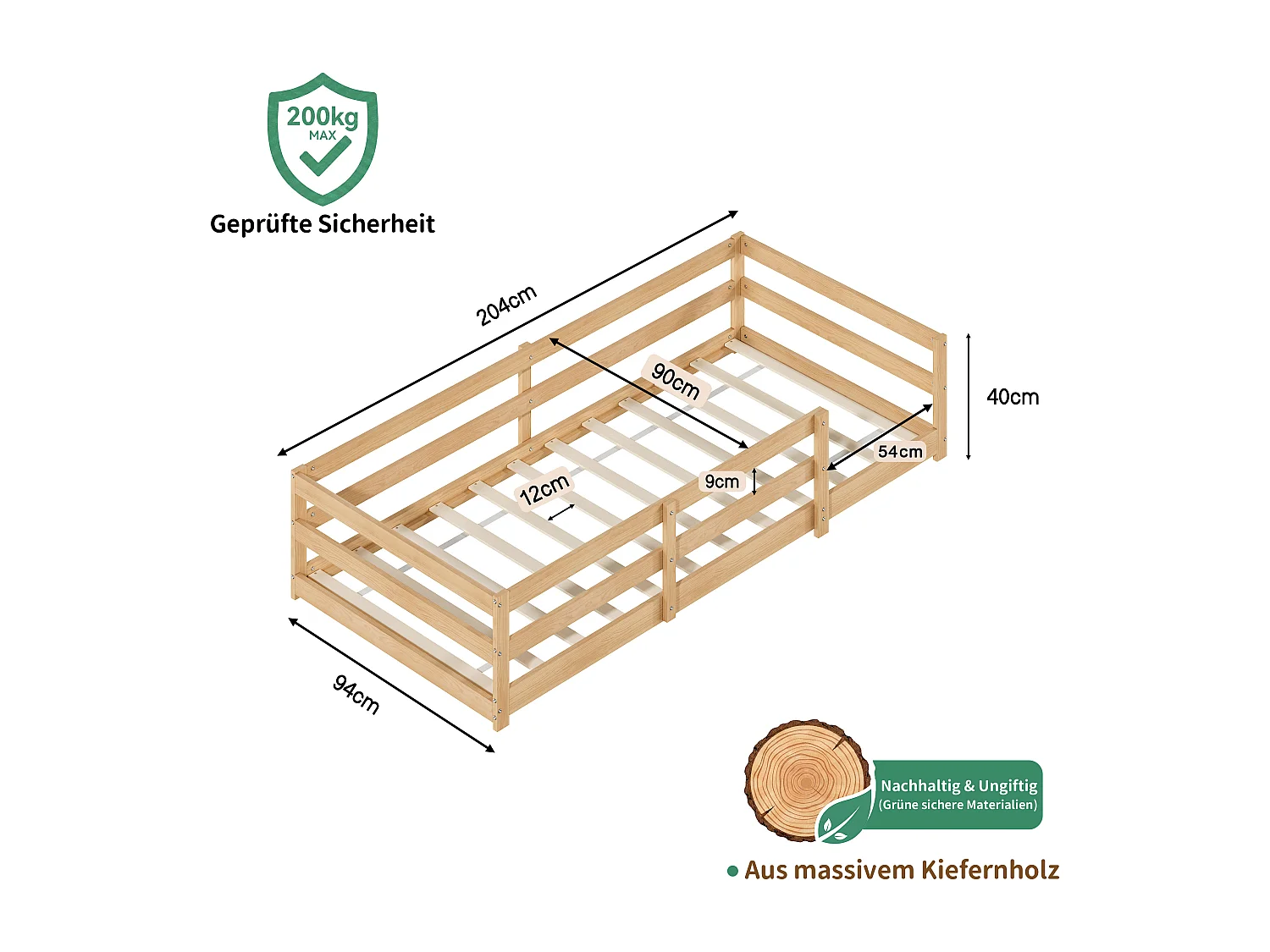 Lit enfant Montessori 90x200 cm en bois de pin avec contour de sécurité, sans sommier à lattes - Bois Naturel