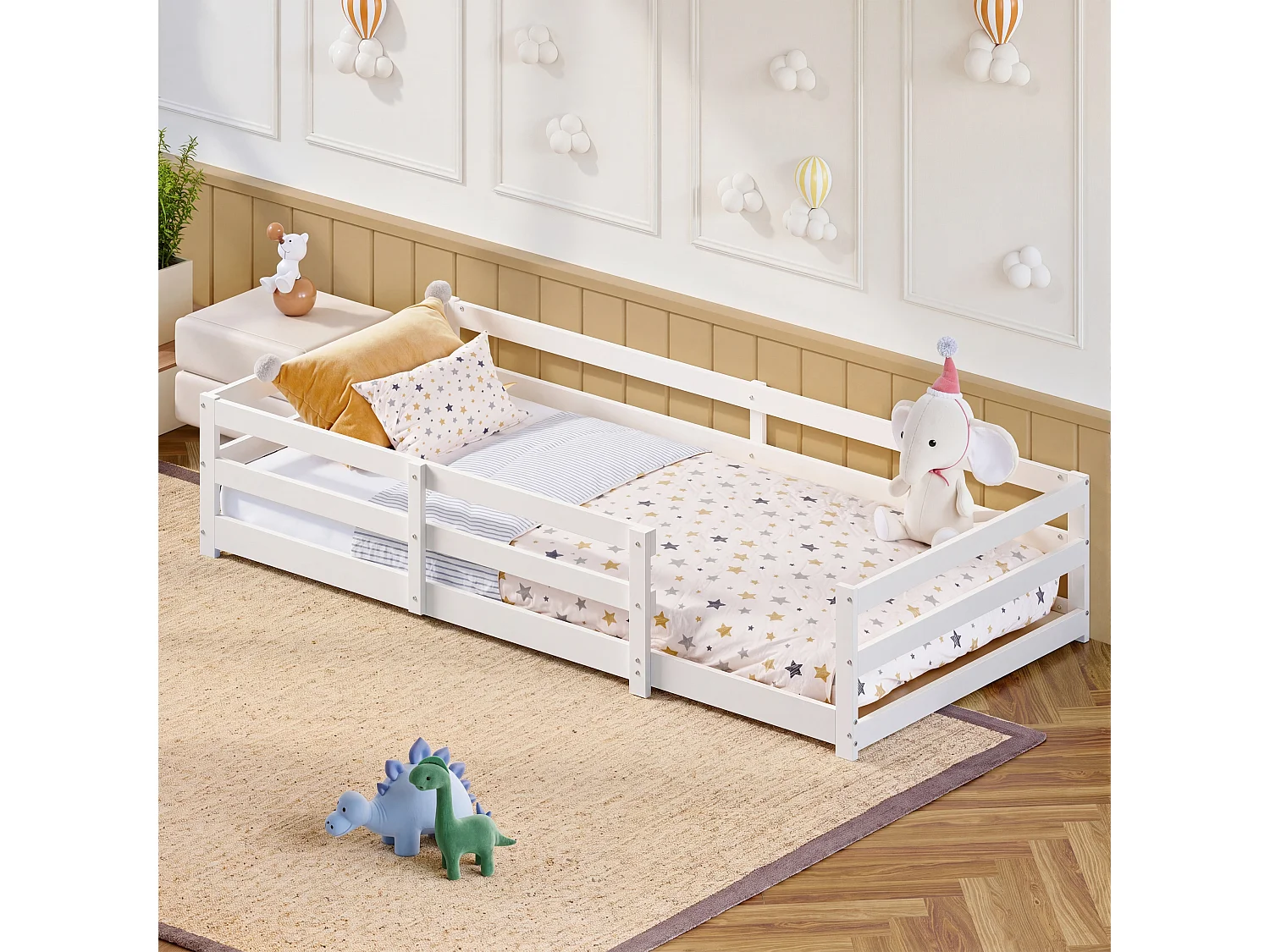 Lit enfant Montessori 90x200 cm en bois de pin avec contour de sécurité, sans sommier à lattes - Blanc