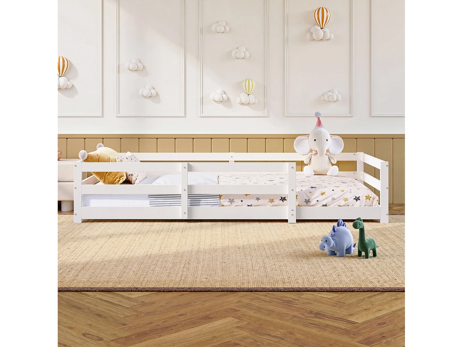 Lit enfant Montessori 90x200 cm en bois de pin avec contour de sécurité, sans sommier à lattes - Blanc