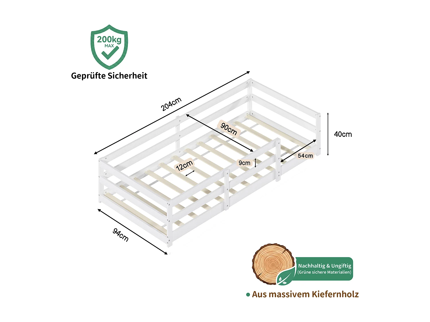 Lit enfant Montessori 90x200 cm en bois de pin avec contour de sécurité, sans sommier à lattes - Blanc