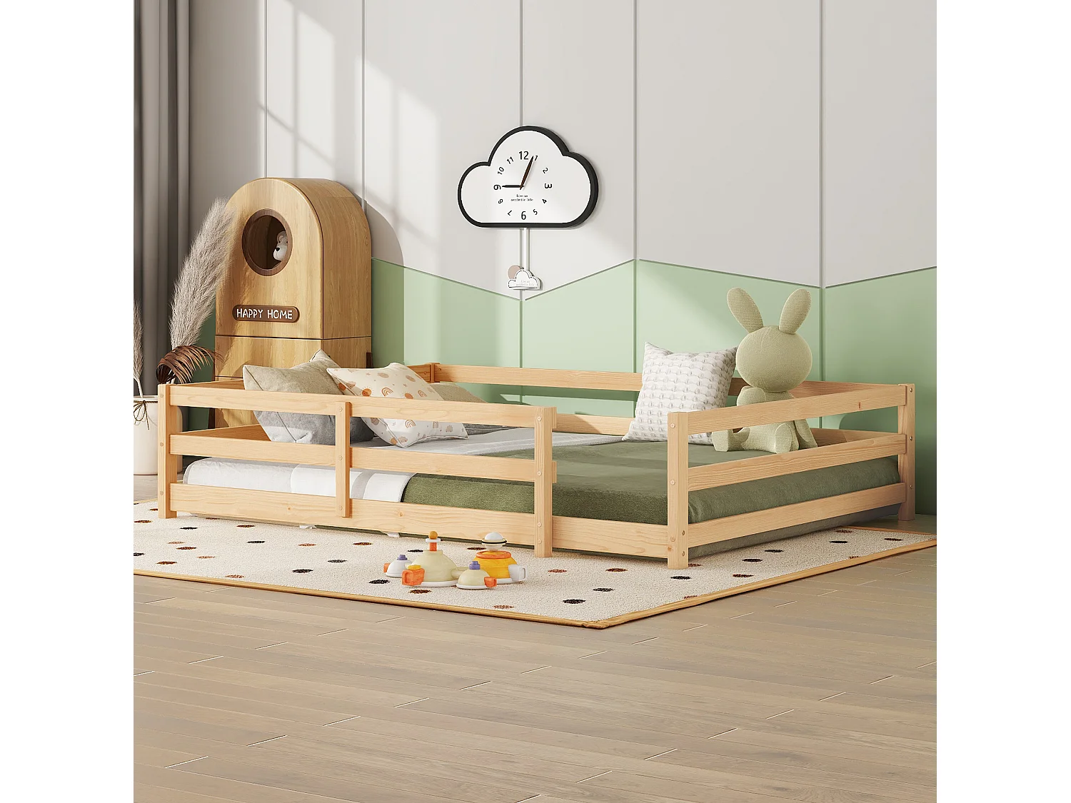 Lit enfant Montessori au sol 140x200 cm en bois massif avec barrière de sécurité, sans base, montage facile - Bois Naturel