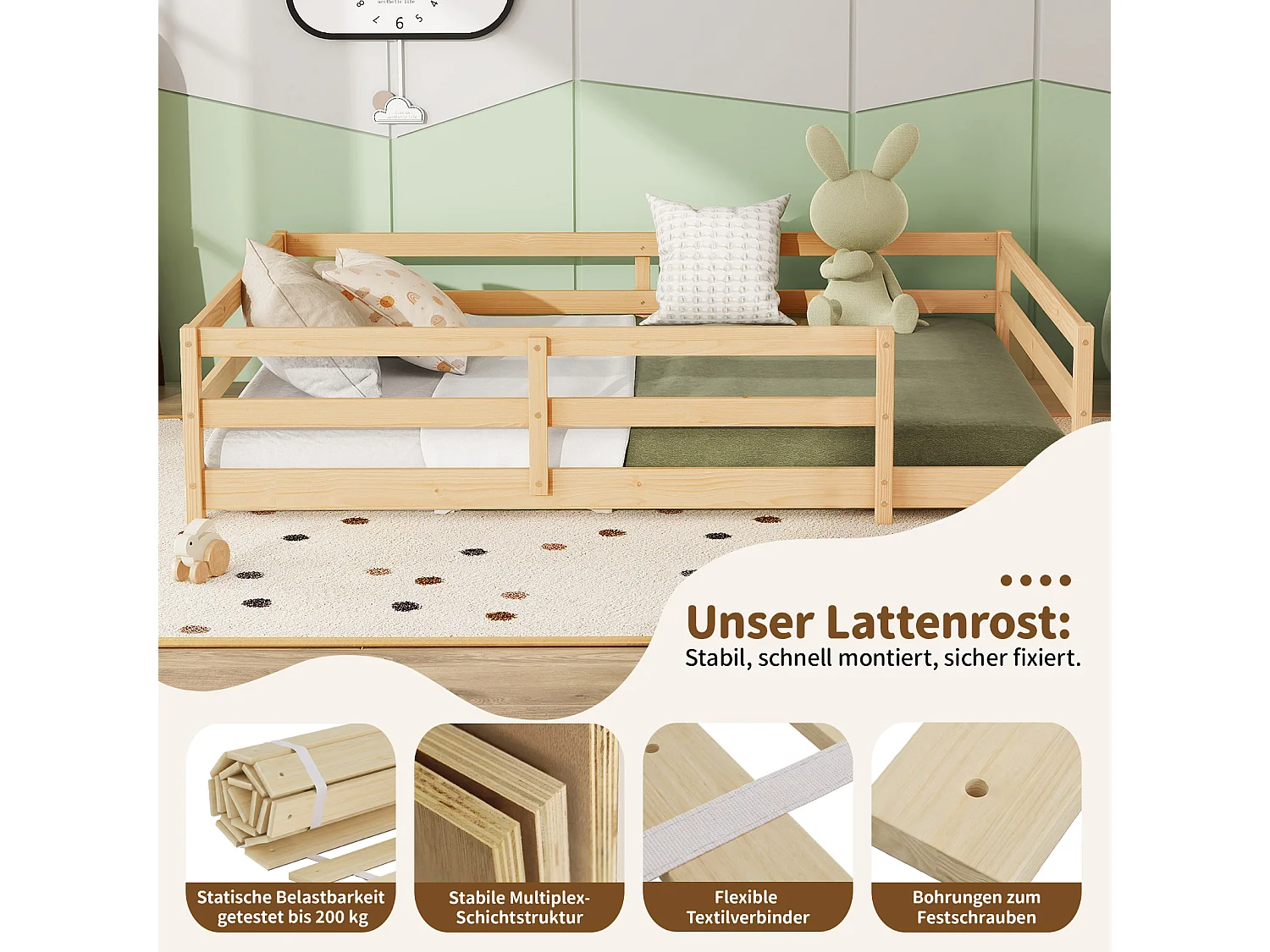 Lit enfant Montessori au sol 140x200 cm en bois massif avec barrière de sécurité, sans base, montage facile - Bois Naturel