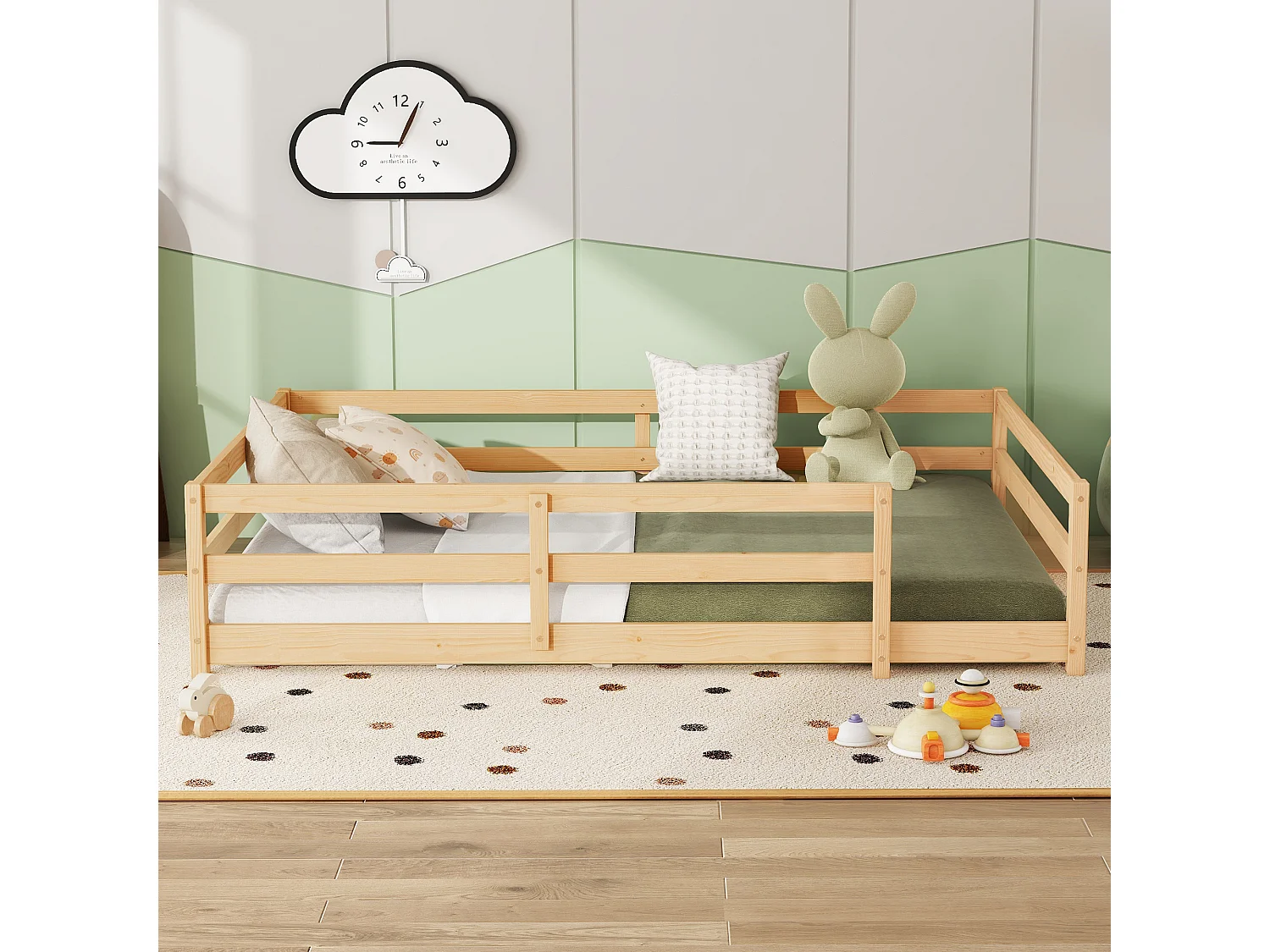 Lit enfant Montessori au sol 140x200 cm en bois massif avec barrière de sécurité, sans base, montage facile - Bois Naturel