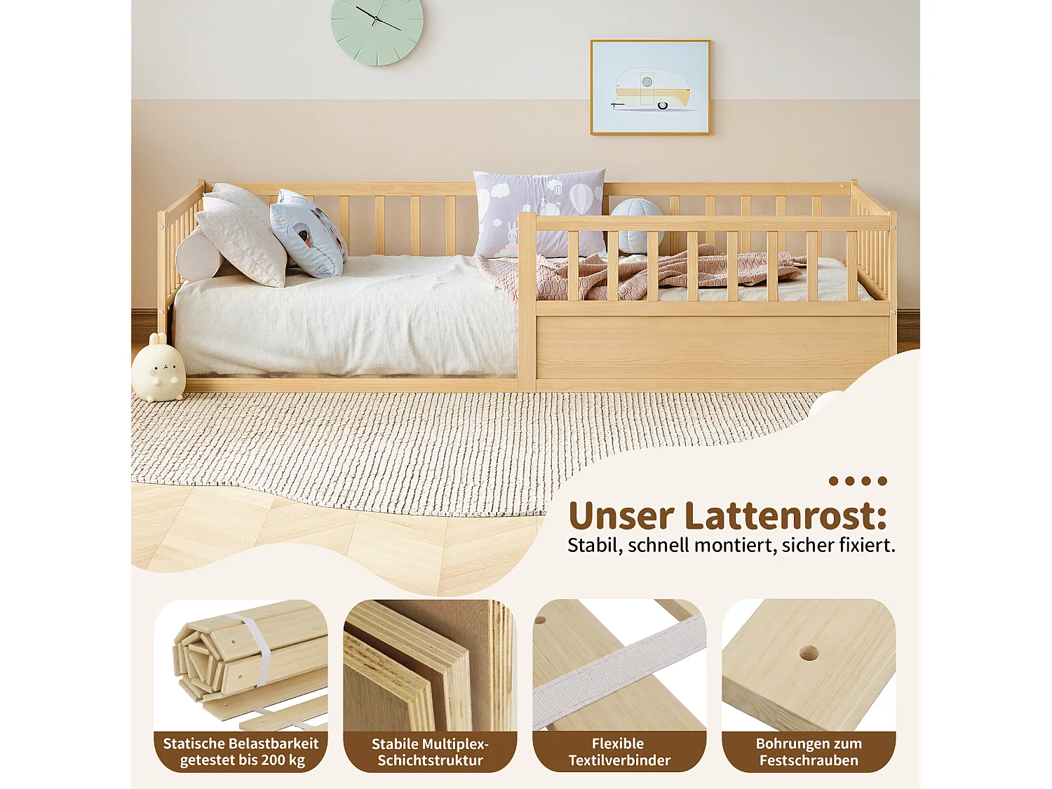 Lit enfant Montessori 90x200 cm en pin massif avec barrière anti-chute, sommier à lattes et côté ouvert - Bois Naturel