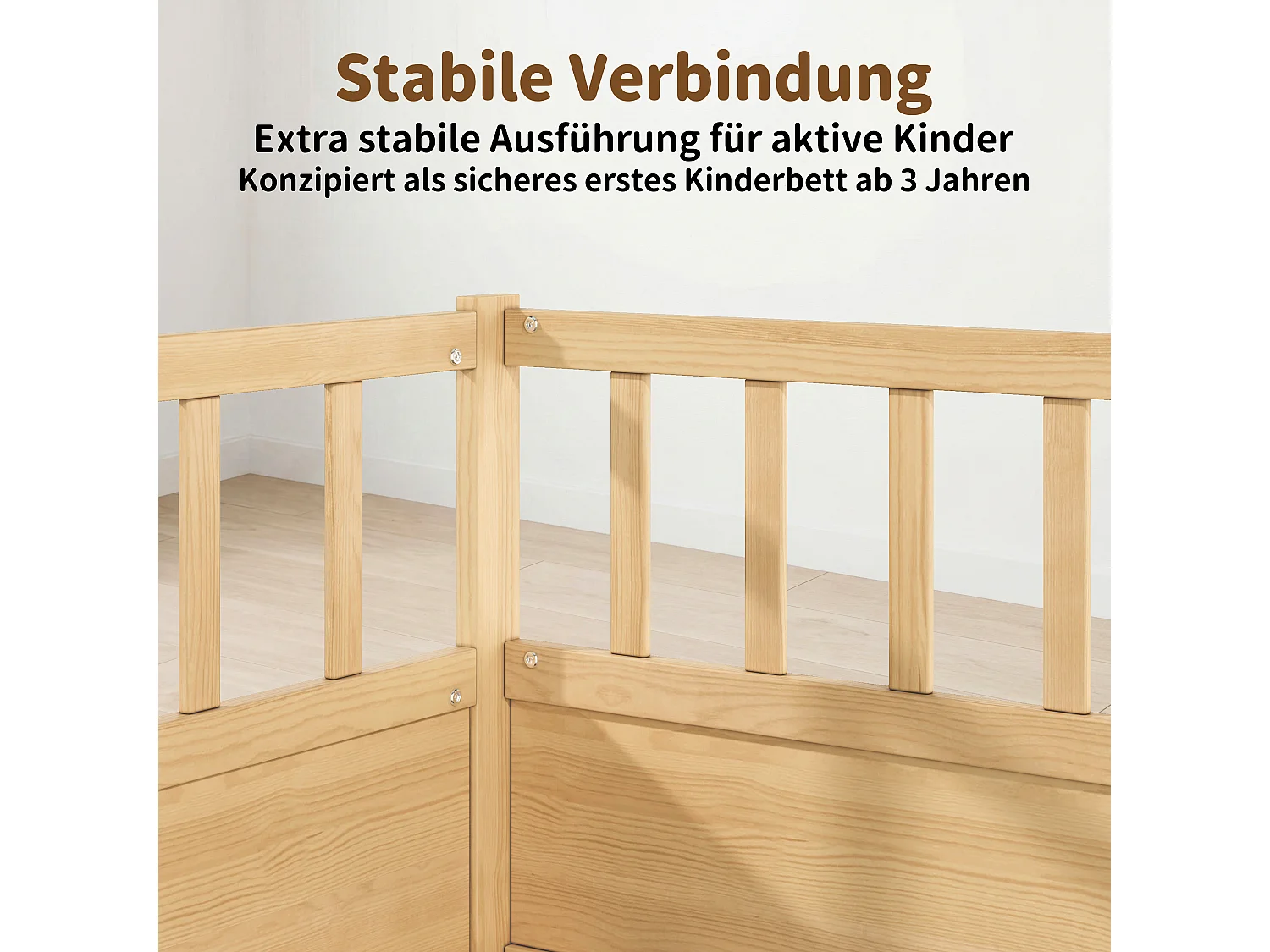Lit enfant Montessori 90x200 cm en pin massif avec barrière anti-chute, sommier à lattes et côté ouvert - Bois Naturel