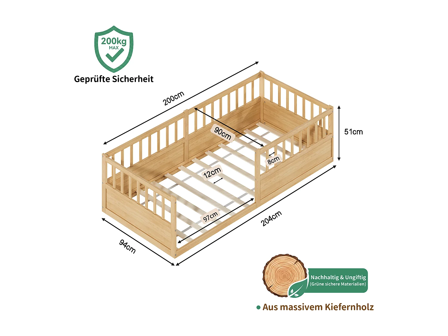 Lit enfant Montessori 90x200 cm en pin massif avec barrière anti-chute, sommier à lattes et côté ouvert - Bois Naturel