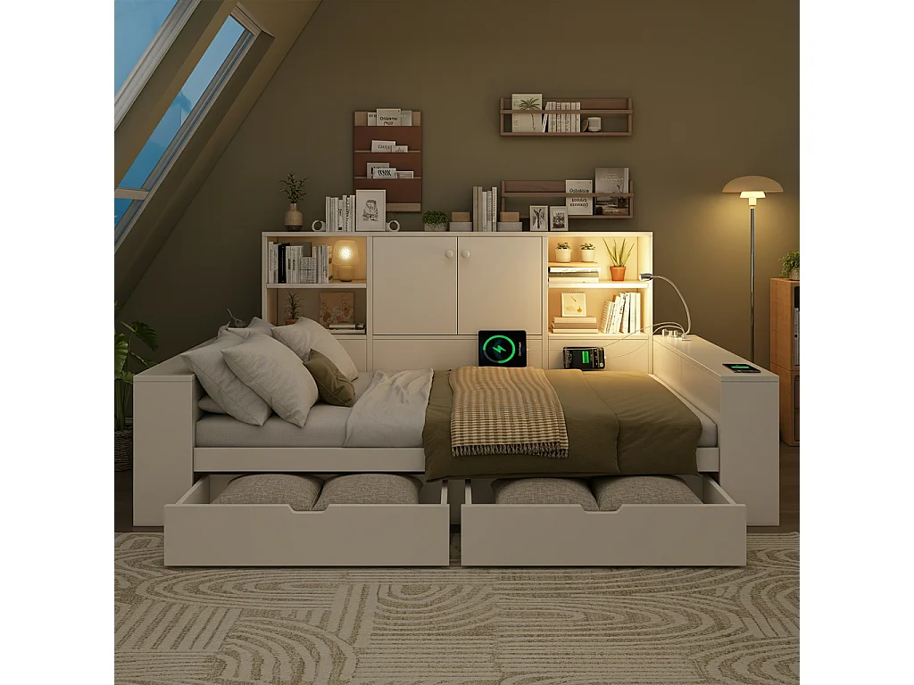 Lit coffre 140x200 cm Lit double avec tiroirs et espace de rangement, lit en bois avec portes doubles et ports USB/USB-C ,blanc