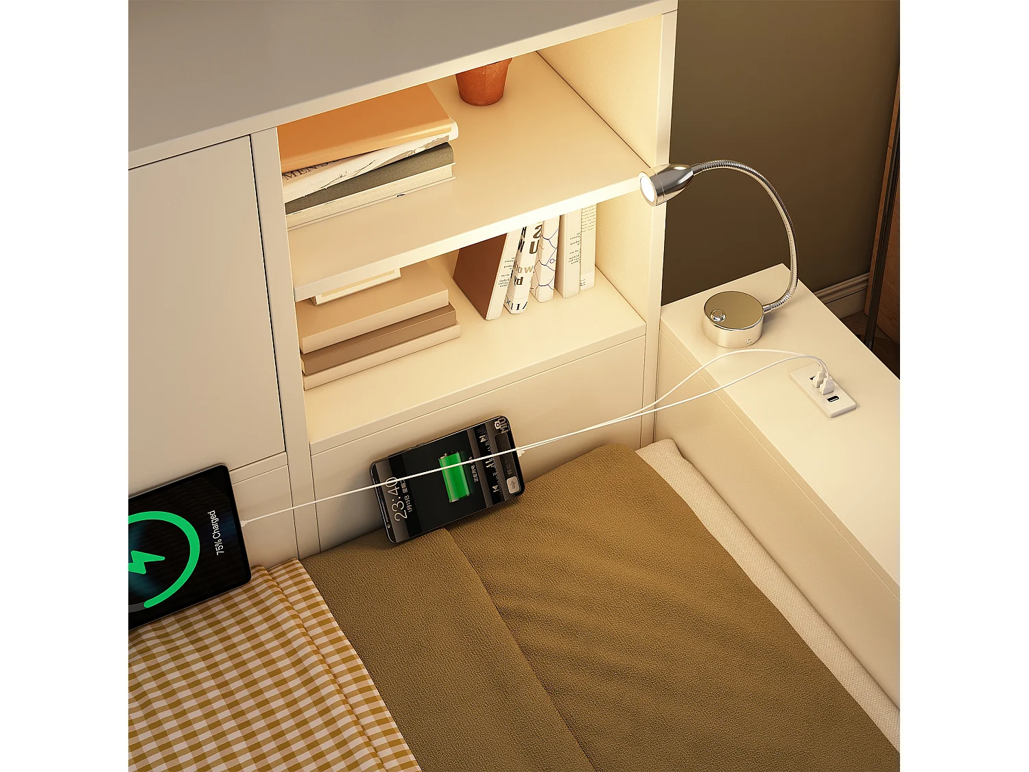 Lit coffre 140x200 cm Lit double avec tiroirs et espace de rangement, lit en bois avec portes doubles et ports USB/USB-C ,blanc