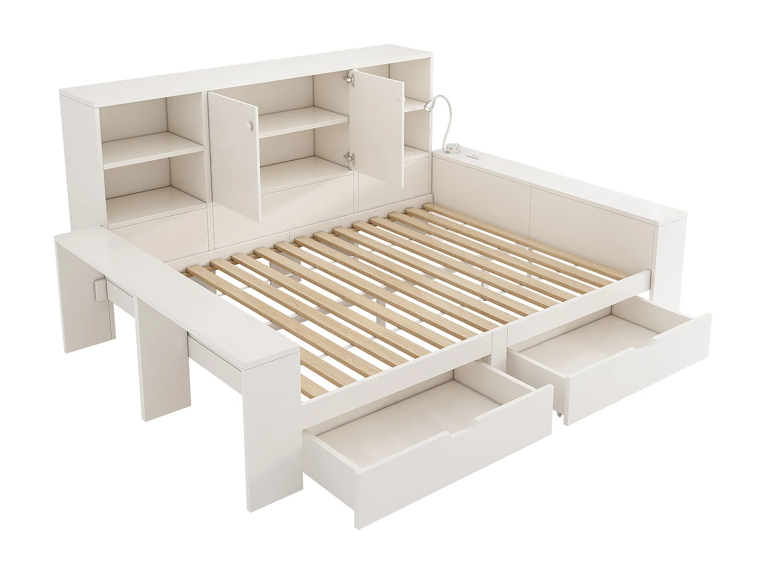 Lit coffre 140x200 cm Lit double avec tiroirs et espace de rangement, lit en bois avec portes doubles et ports USB/USB-C ,blanc