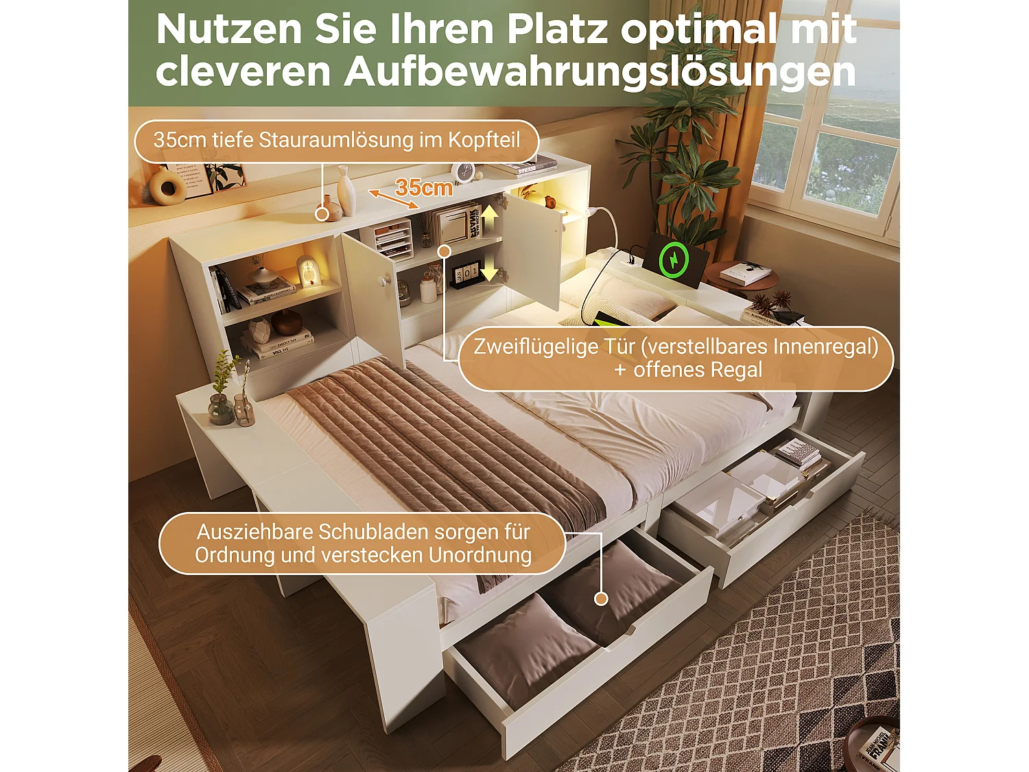 Lit coffre 140x200 cm Lit double avec tiroirs et espace de rangement, lit en bois avec portes doubles et ports USB/USB-C ,blanc