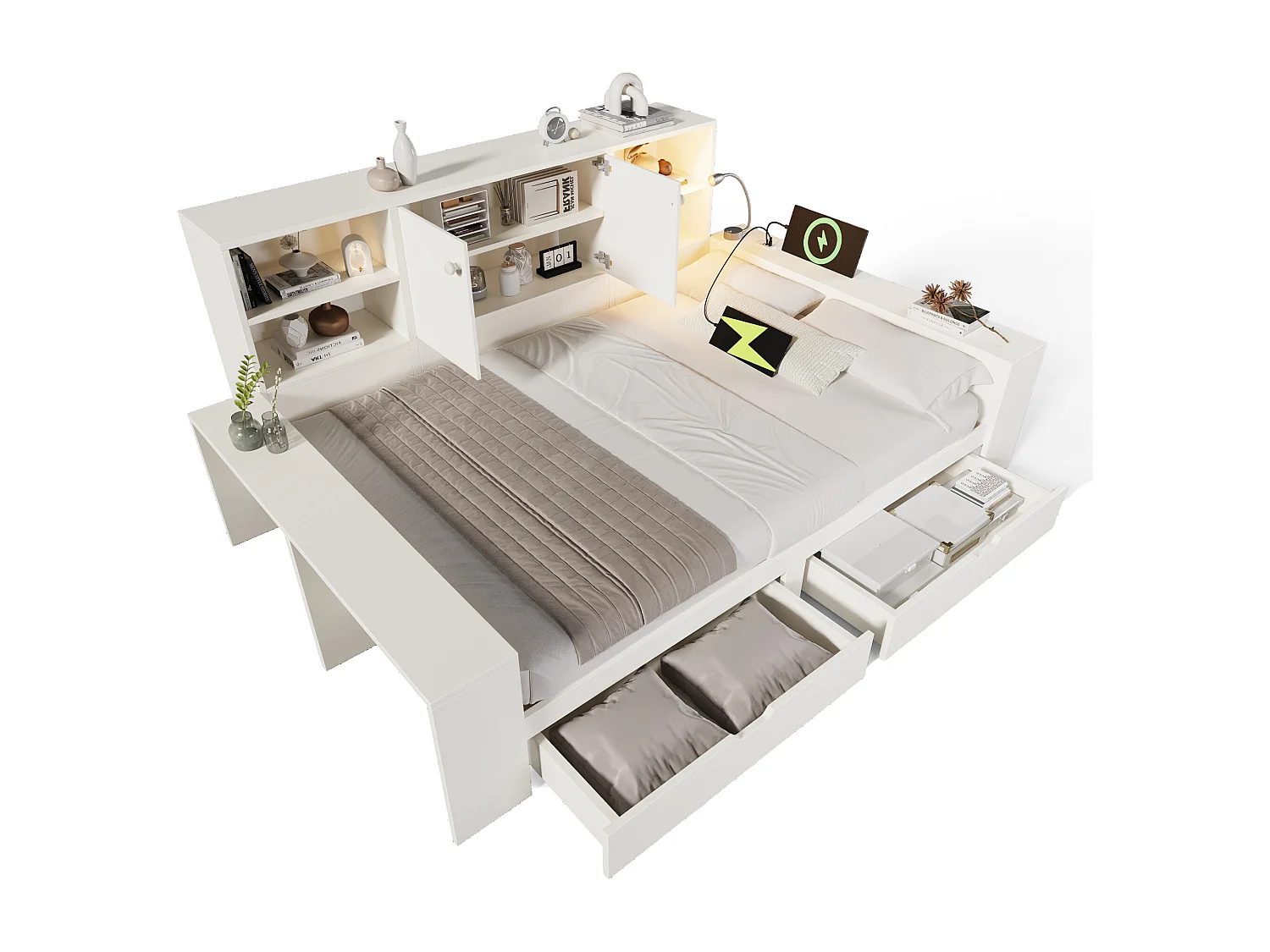 Lit coffre 140x200 cm Lit double avec tiroirs et espace de rangement, lit en bois avec portes doubles et ports USB/USB-C ,blanc